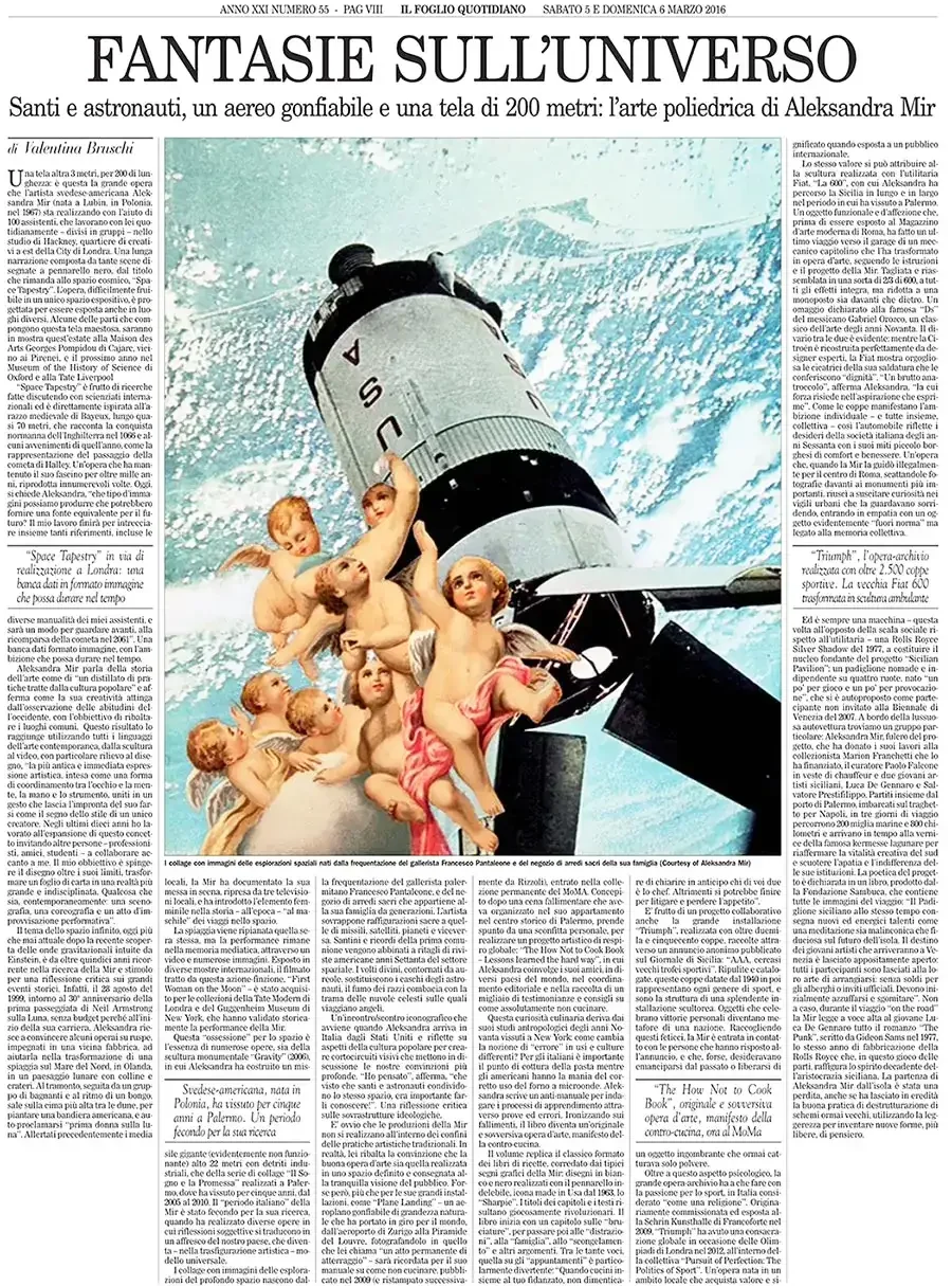 A tear sheet from the Italian newspaper Il Foglio with an article about the work of Aleksandra Mir illustrated by her artwork collage the dream and the promise. The full page article in Italian has the title Fantasie Sull'Universo.