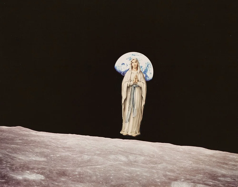 The Moon Madonna is a collage by artist Aleksandra Mir, featuring the Virgin Mary standing on the moon, with Earth visible behind her in outer space.