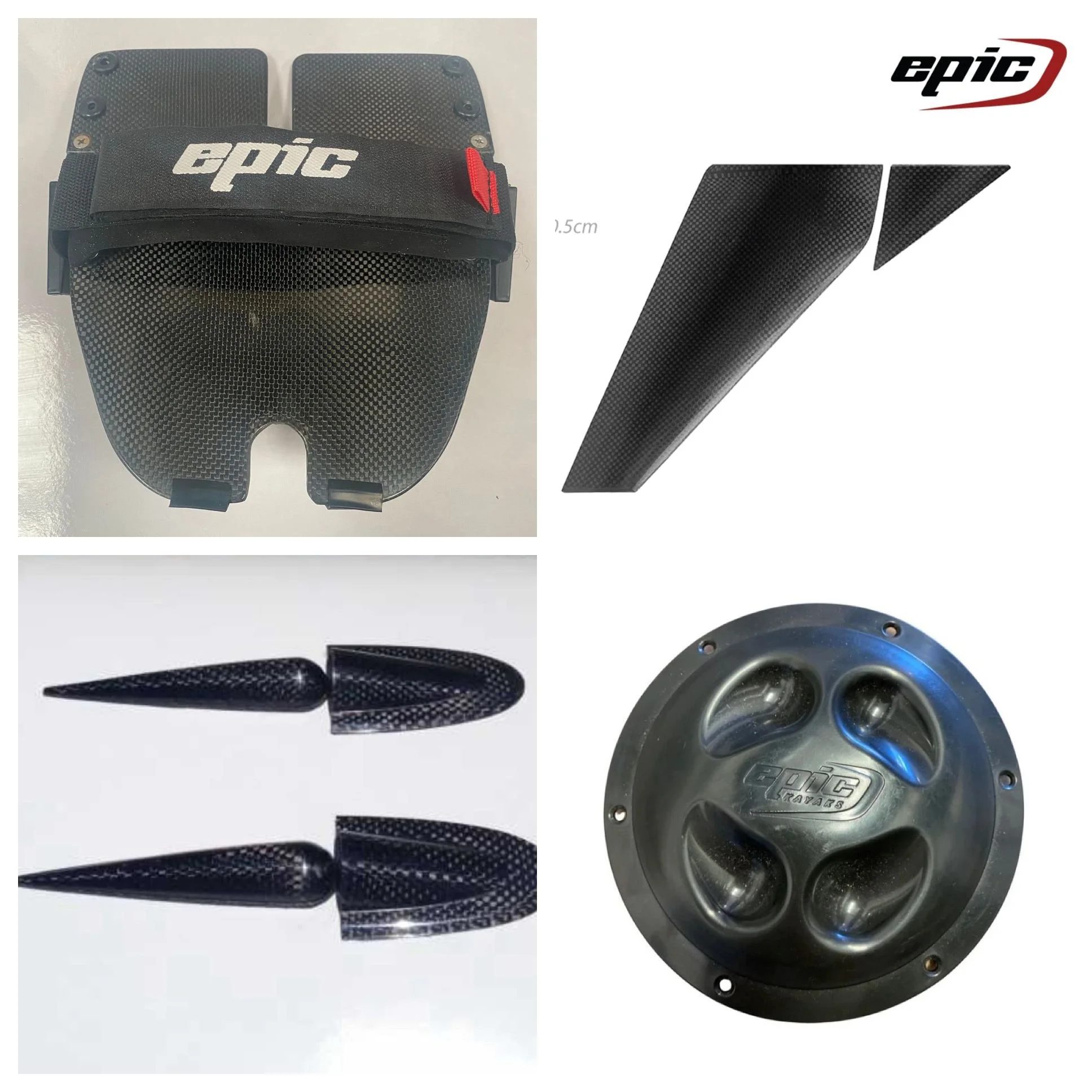 Set of carbon fiber components including a headlight cover, a side panel, a front nose cone, and a wheel cover or hub, along with a mounting bracket, all branded with 'epic'.