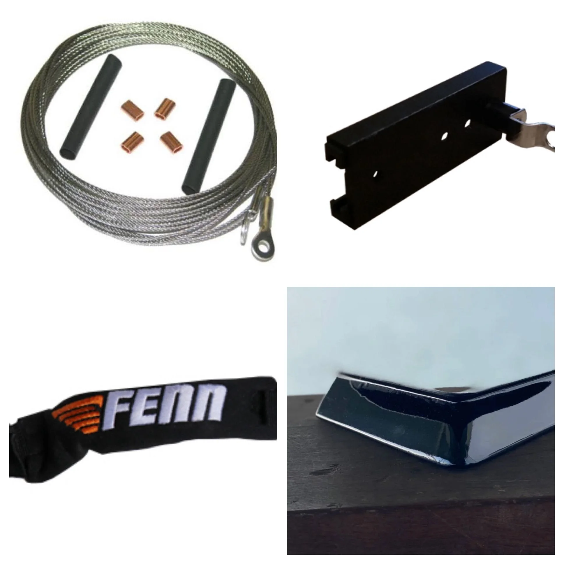 Collage of four automotive parts: a steel cable with black rubber handles and copper connectors, a black metal latch with a curved handle, a black strap with