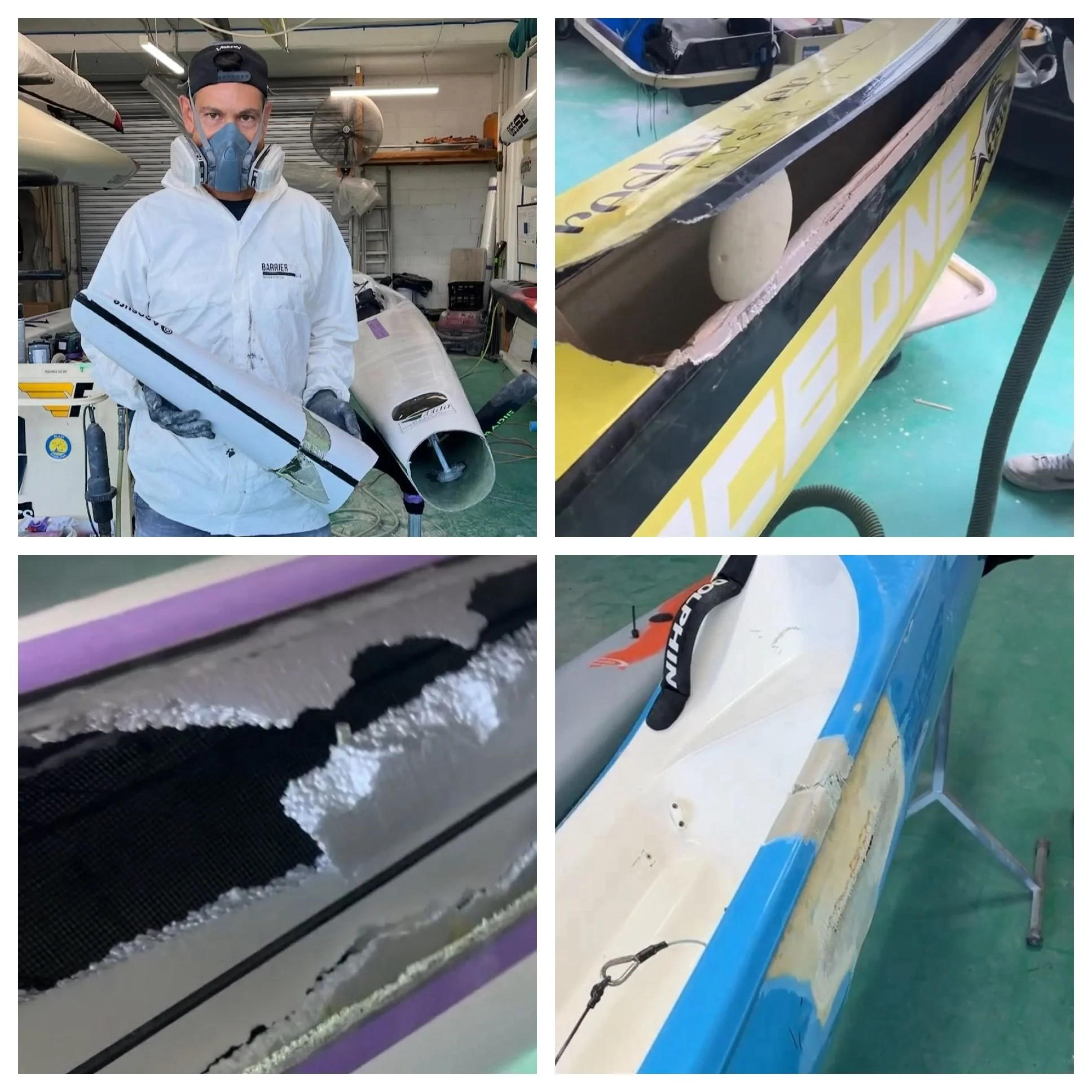 Series of images showing a person working on the repair or construction of a racing boat, including the boat's hull and internal components.
