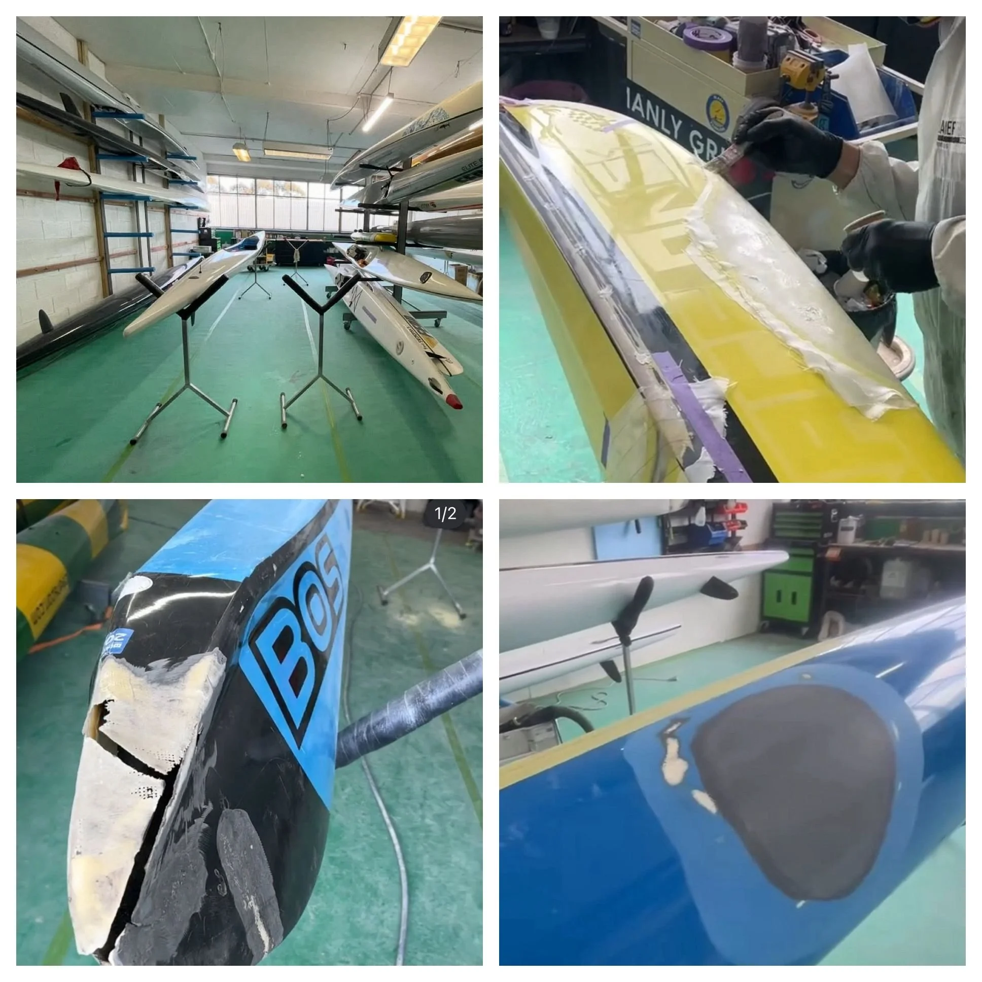 Images of the interior of a workshop where multiple sailboats are being repaired and painted. The workspace includes tools, workbenches, and personnel working on the boats, which are in various stages of maintenance.