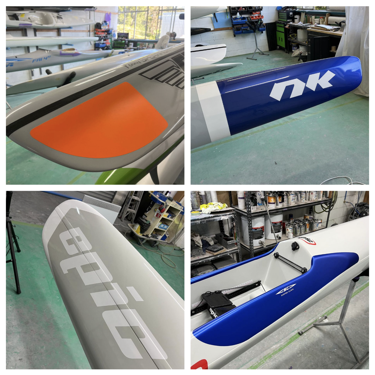 Collage of four photos showing different parts of racing sailboats in a workshop, including hulls, rudders, and masts with various branding and colors.