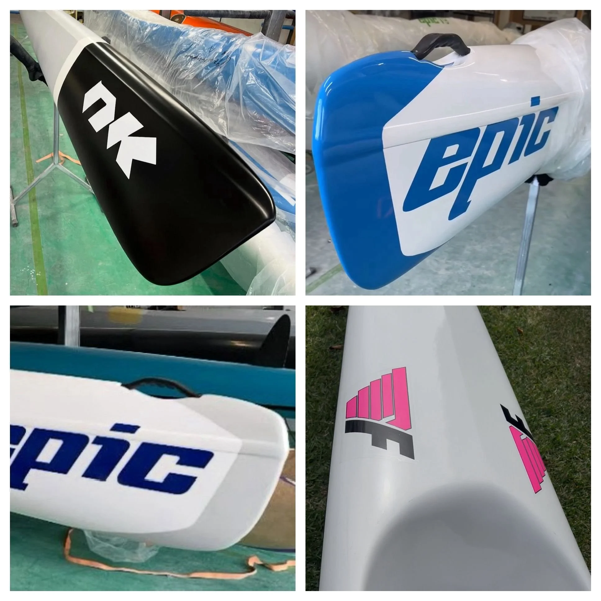 Four different surfboards with various brand logos and colors resting on stands or the ground.