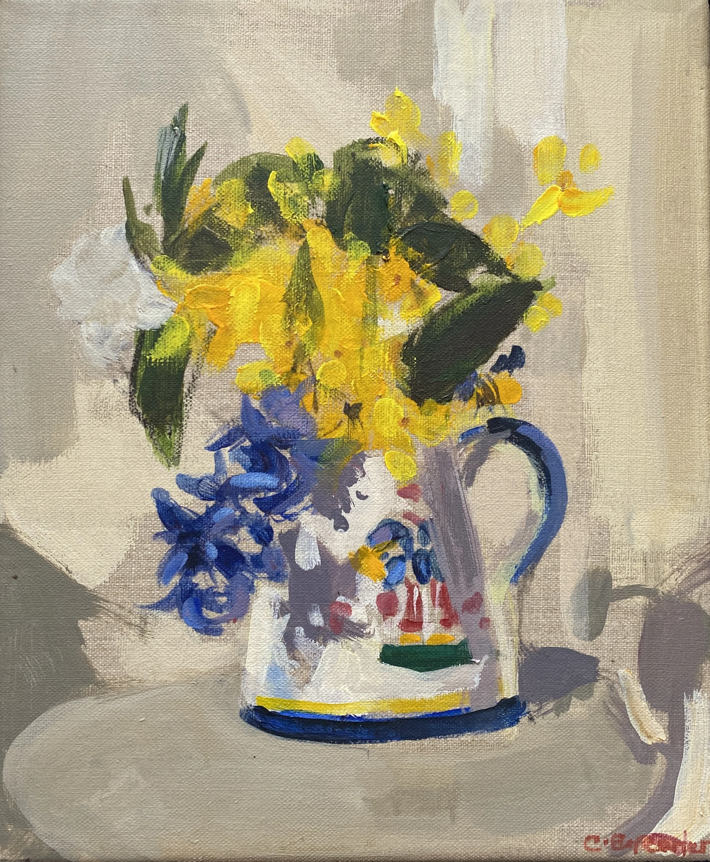 HYACINTH AND DAFFODIL IN A BRETON JUG, acrylic on canvas, 30x20cm