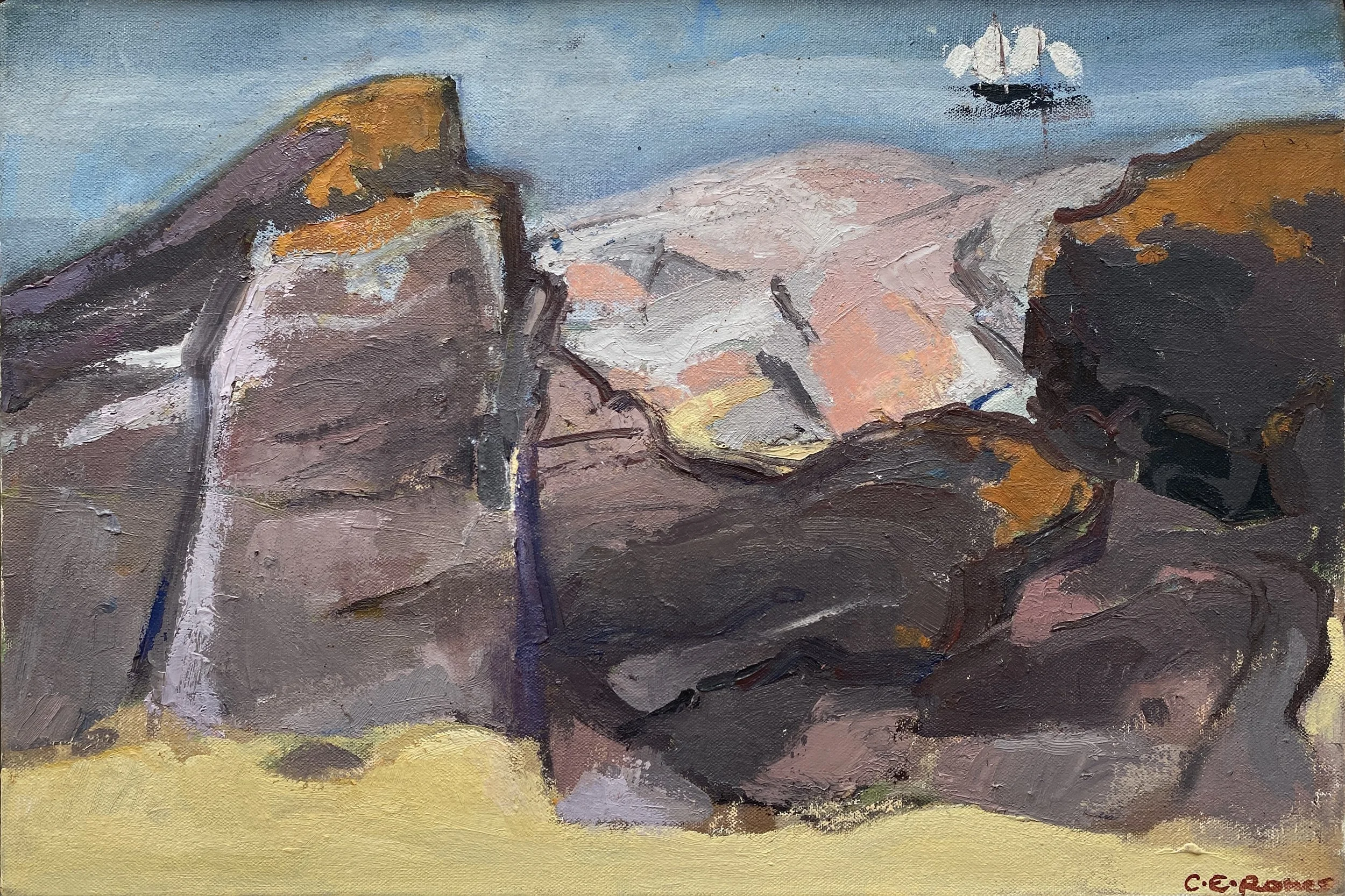 SAILING SHIP AND DARK ROCKS, SOUTH DEVON, oil on canvas, 31x46cm