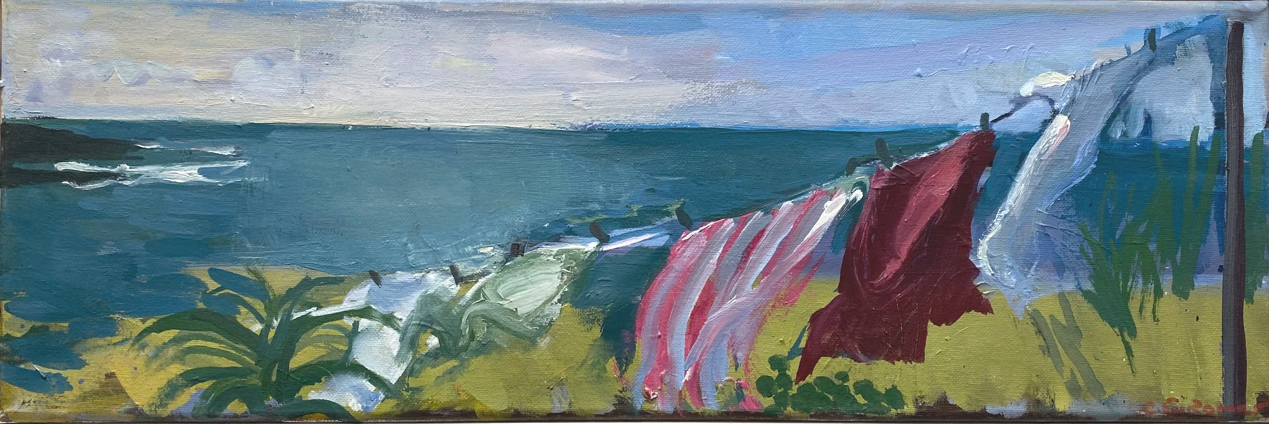 WASHING LINE, BOVISAND, SOUTH DEVON, oil on canvas, 20x60cm