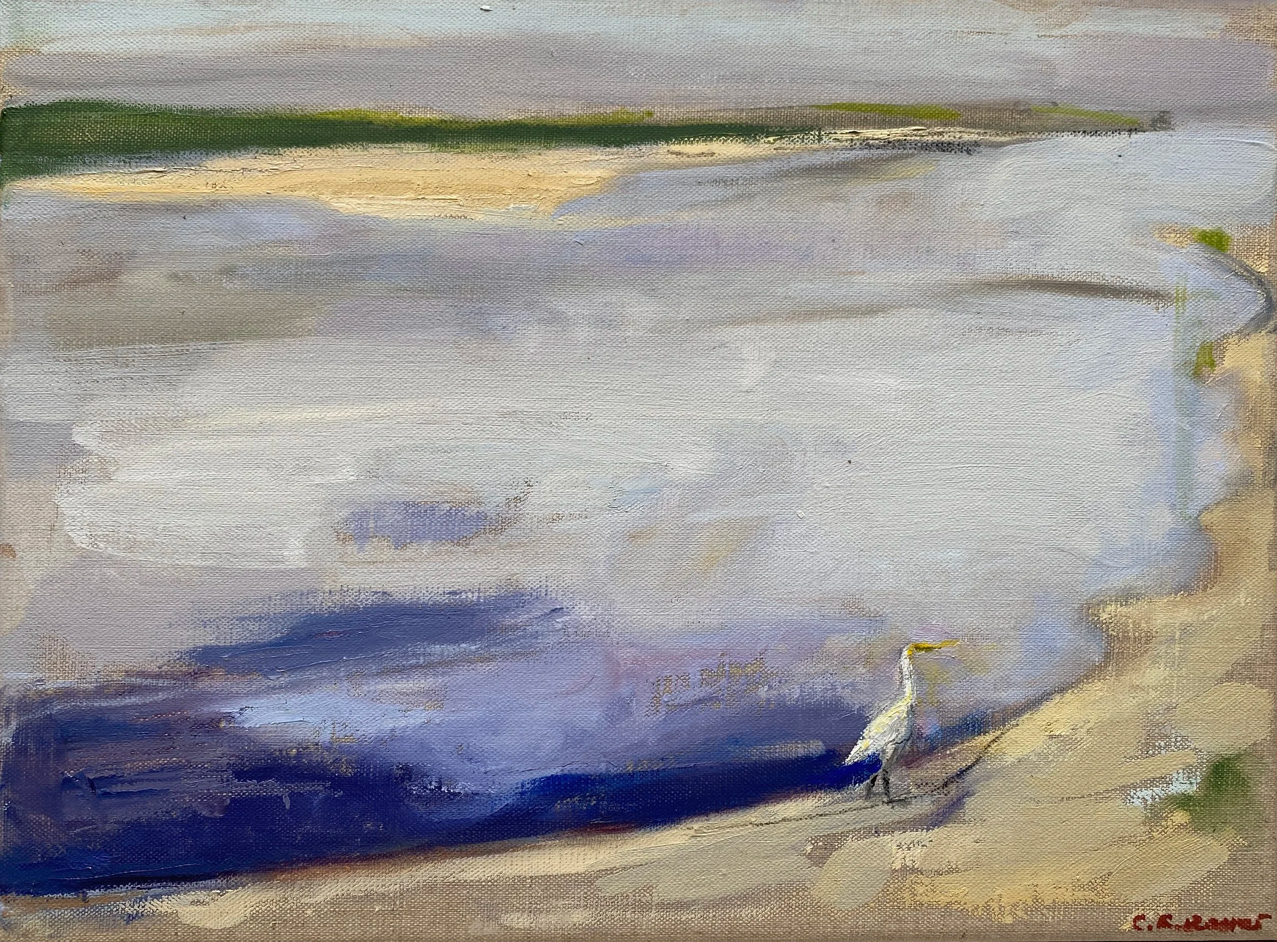 PURPLE SHALLOWS WITH LARGE EGRET, LOIRE, oil on canvas, 30x40cm SOLD