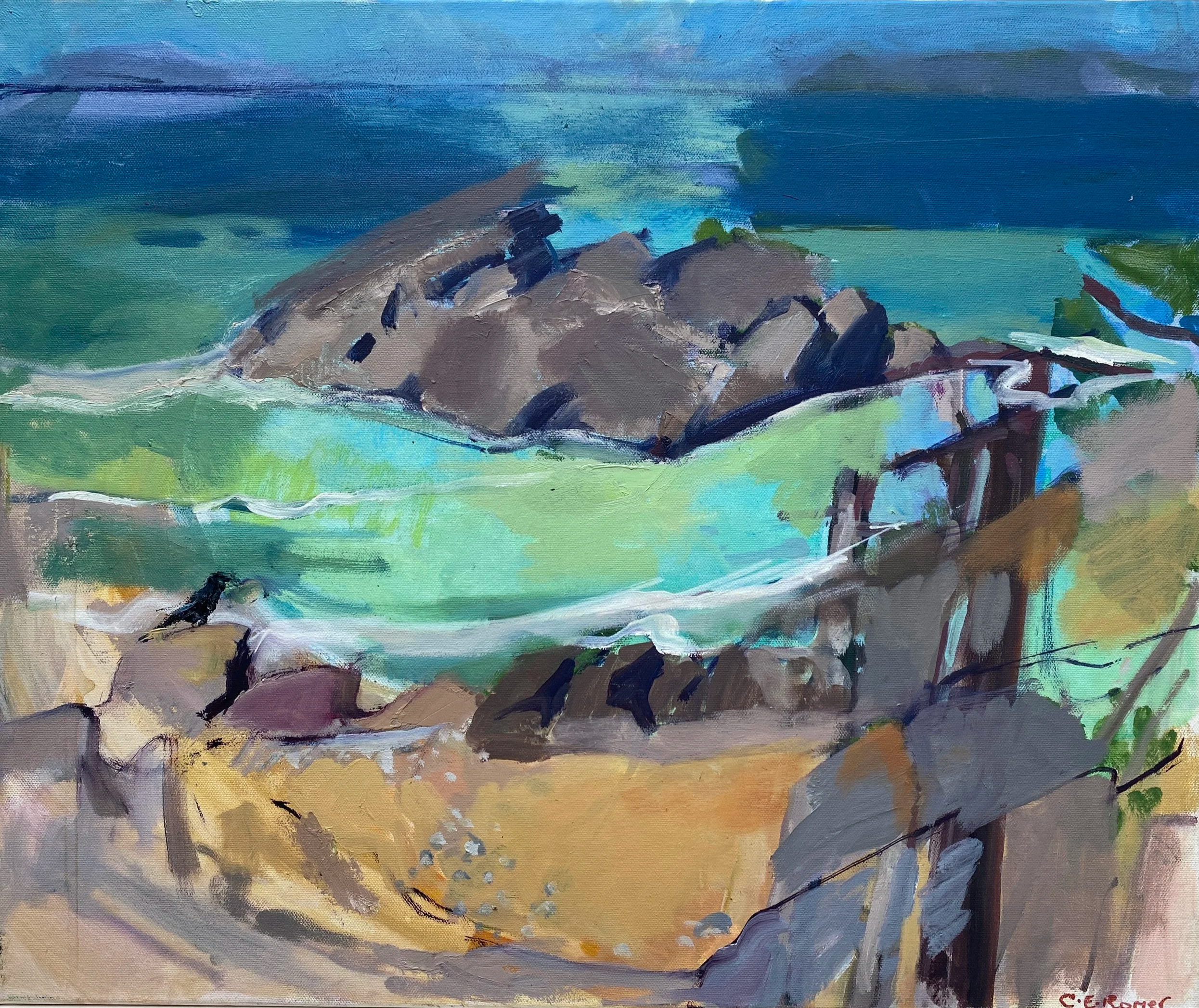 DRAGON ROCK AND PALE GREEN SEA, SOUTH DEVON, oil on canvas, 51x61cm