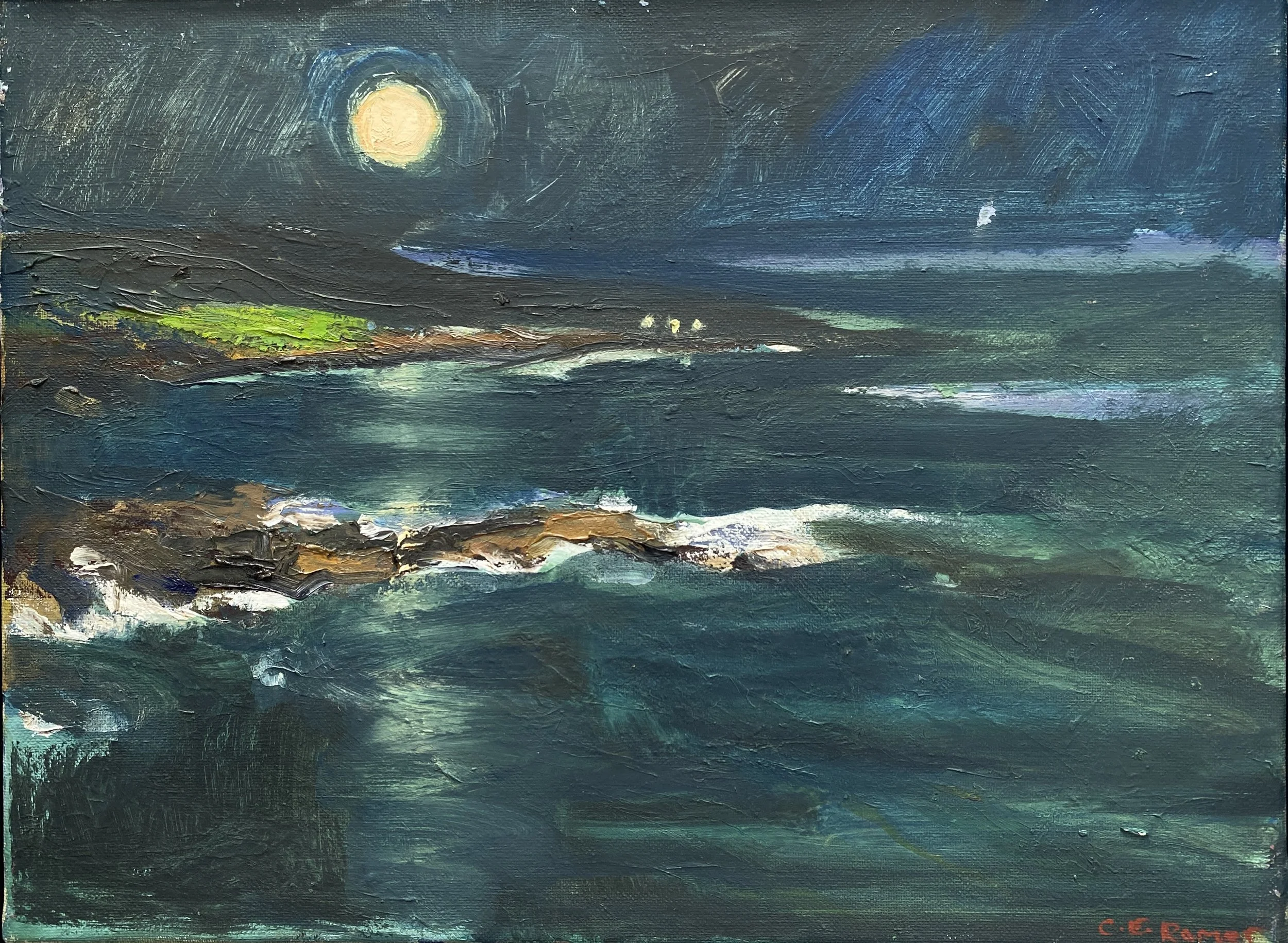 MOONLIGHT OVER BOVISAND, SOUTH DEVON, oil on canvas, 30x40cm SOLD