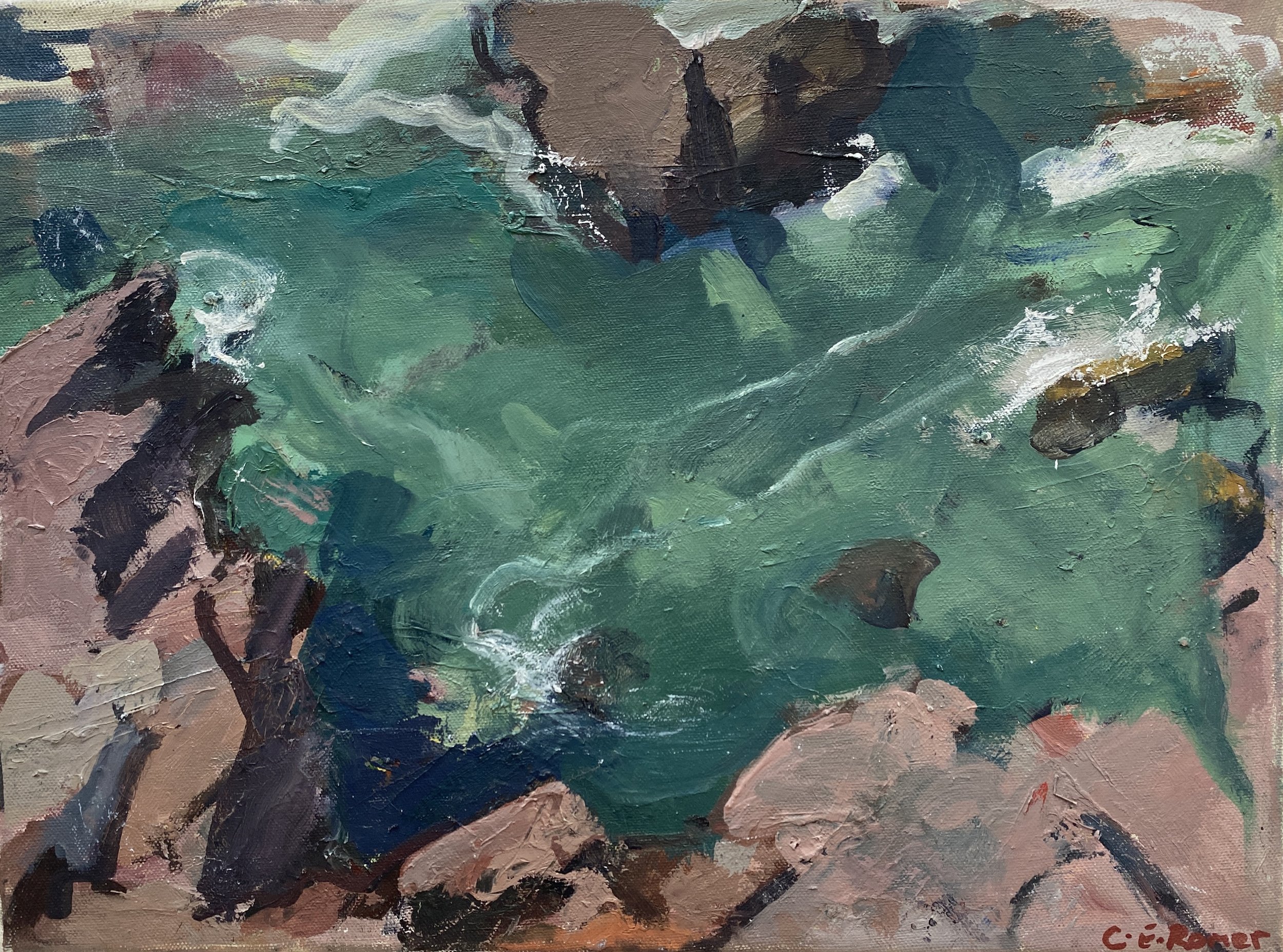GREEN SEA WITH PINK ROCKS, SOUTH DEVON, oil on canvas, 30x40cm