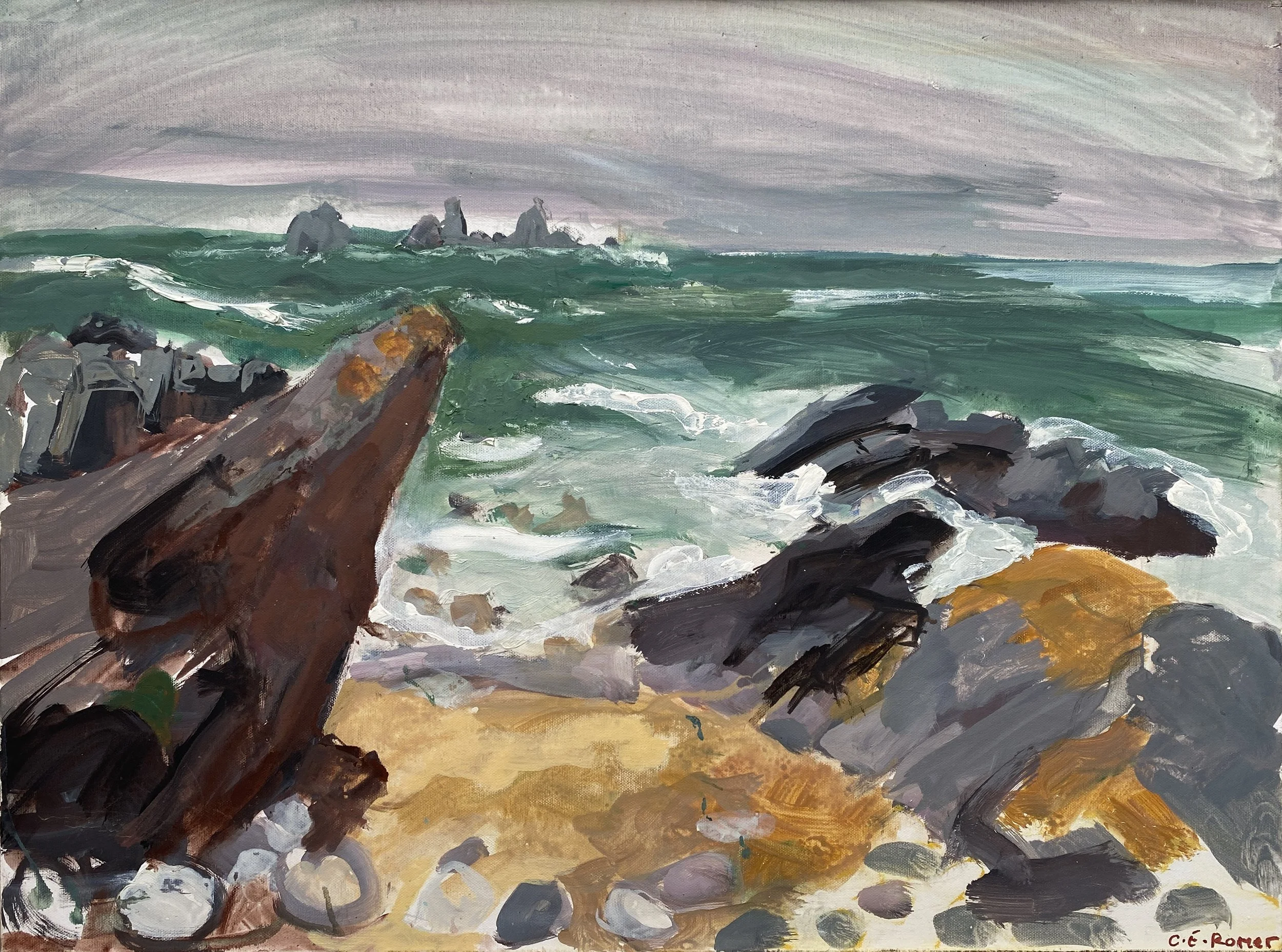 GREY SKIES OVER RENNIES ISLAND, SOUTH DEVON, acrylic on canvas, 60x80cm