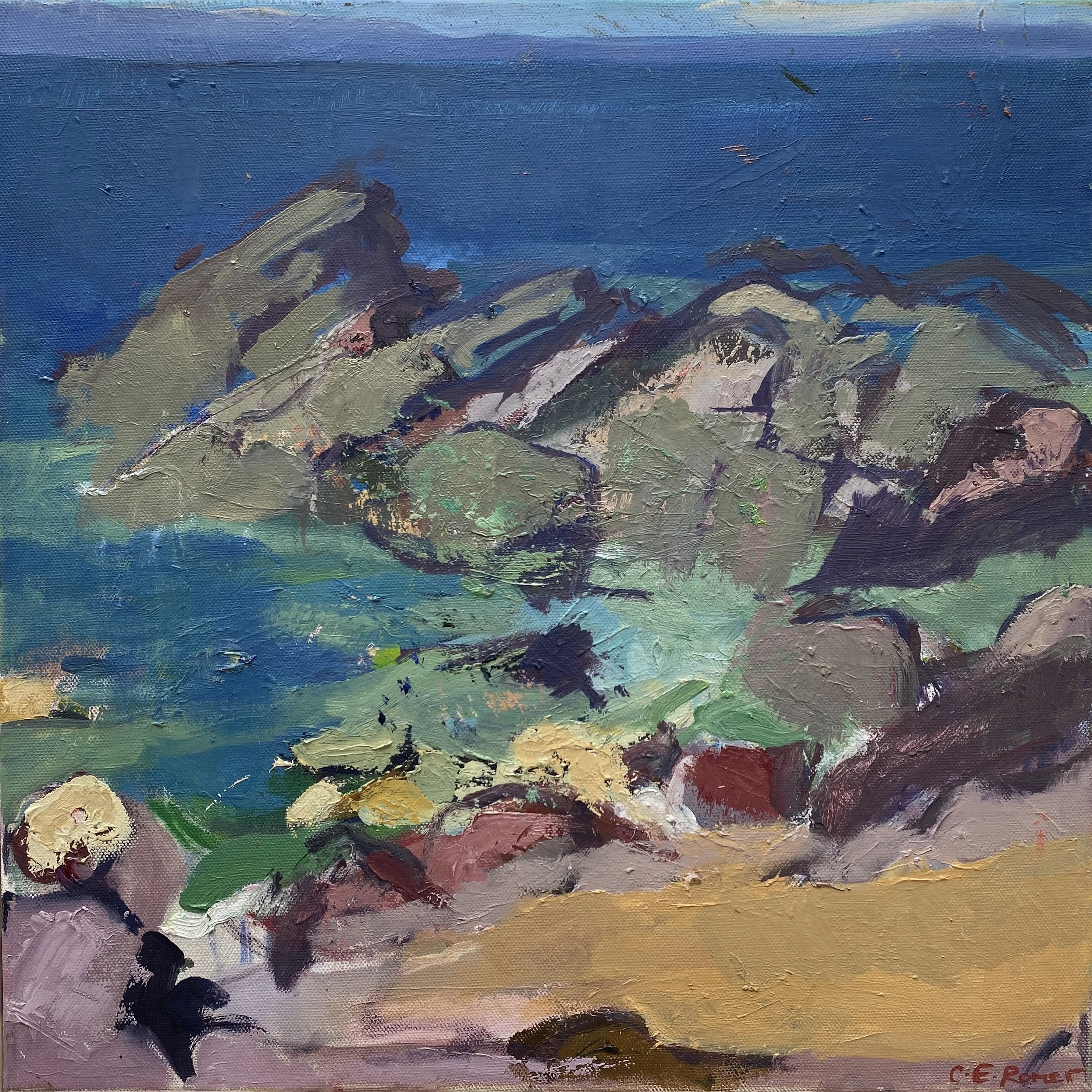 TURQUOISE TIDE AND SANDY BAY, SOUTH DEVON, oil on canvas, 40x40cm