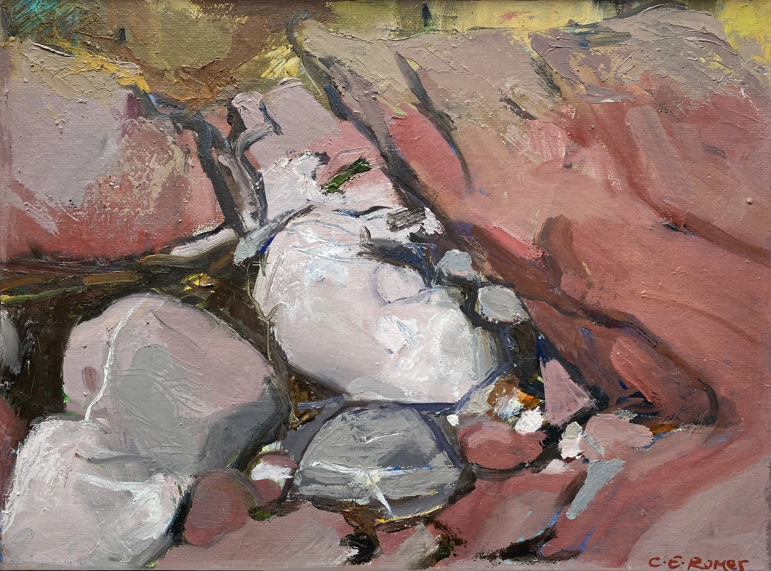 RED AND GREY SEA PEBBLES, oil on board, 30x40cm