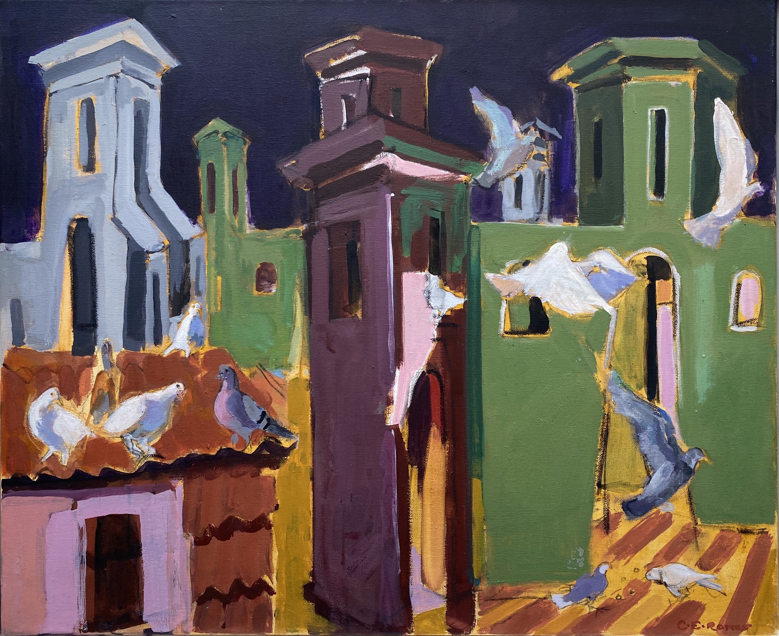TOWERS AND DOVES, NORTH MACEDONIA, oil and acrylic on canvas, 50x60cm