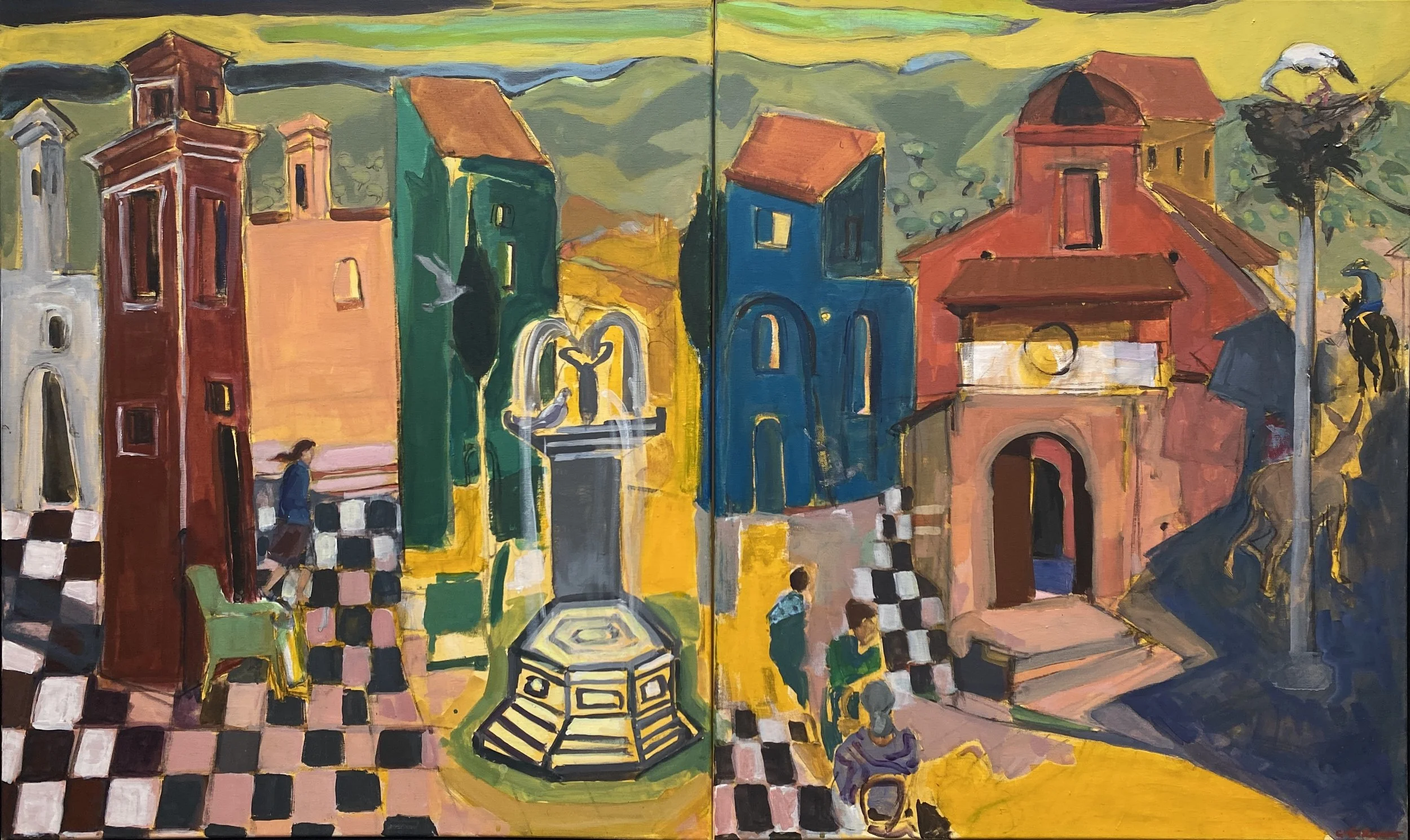 THE SQUARE, THE FOUNTAIN AND THE STORK, NORTH MACEDONIA,
acrylic and oil on canvas, diptych, 72x120cm