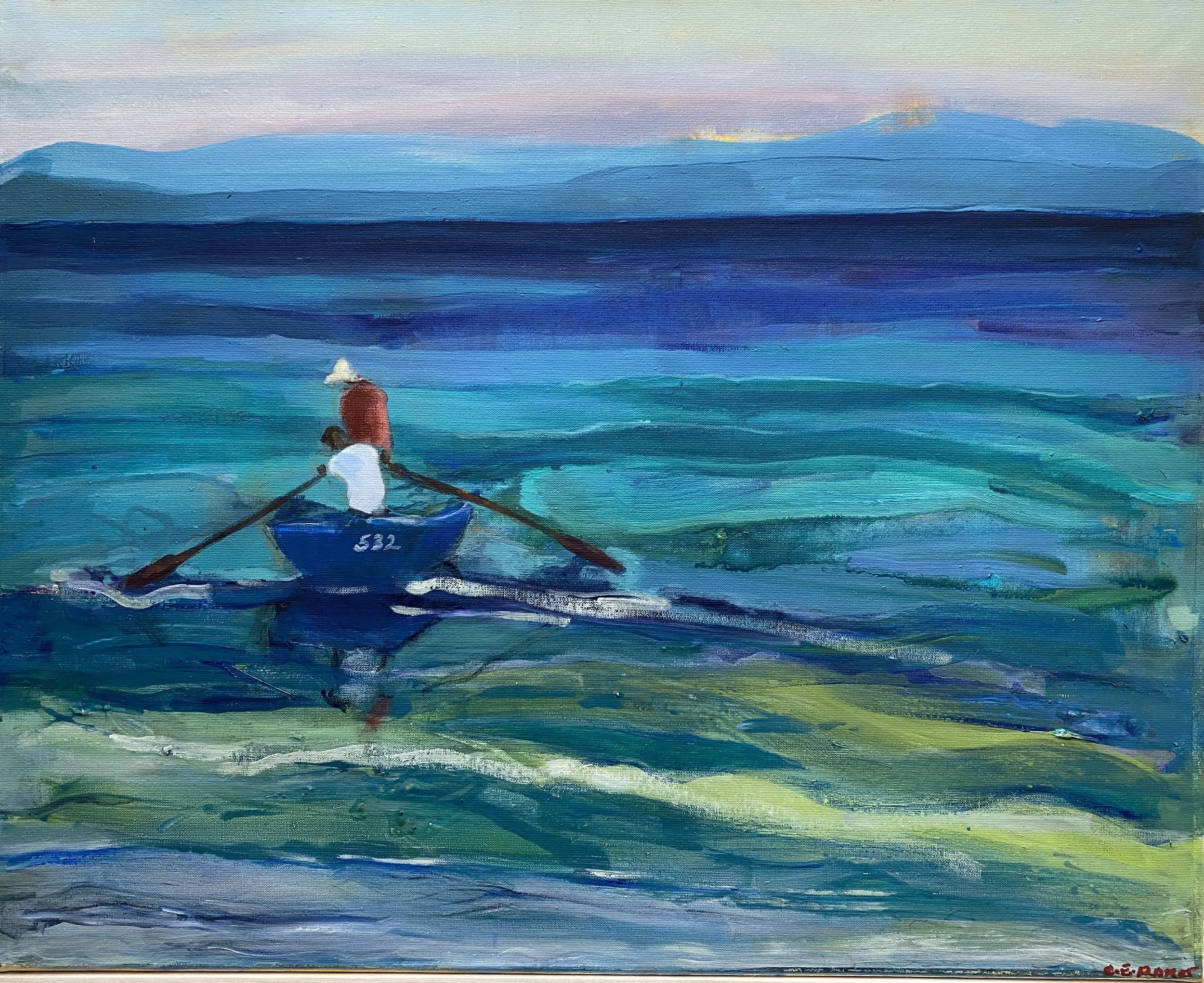 FISHING ON LAKE OHRID, NORTH MACEDONIA, oil and acrylic on canvas, 65x81cm