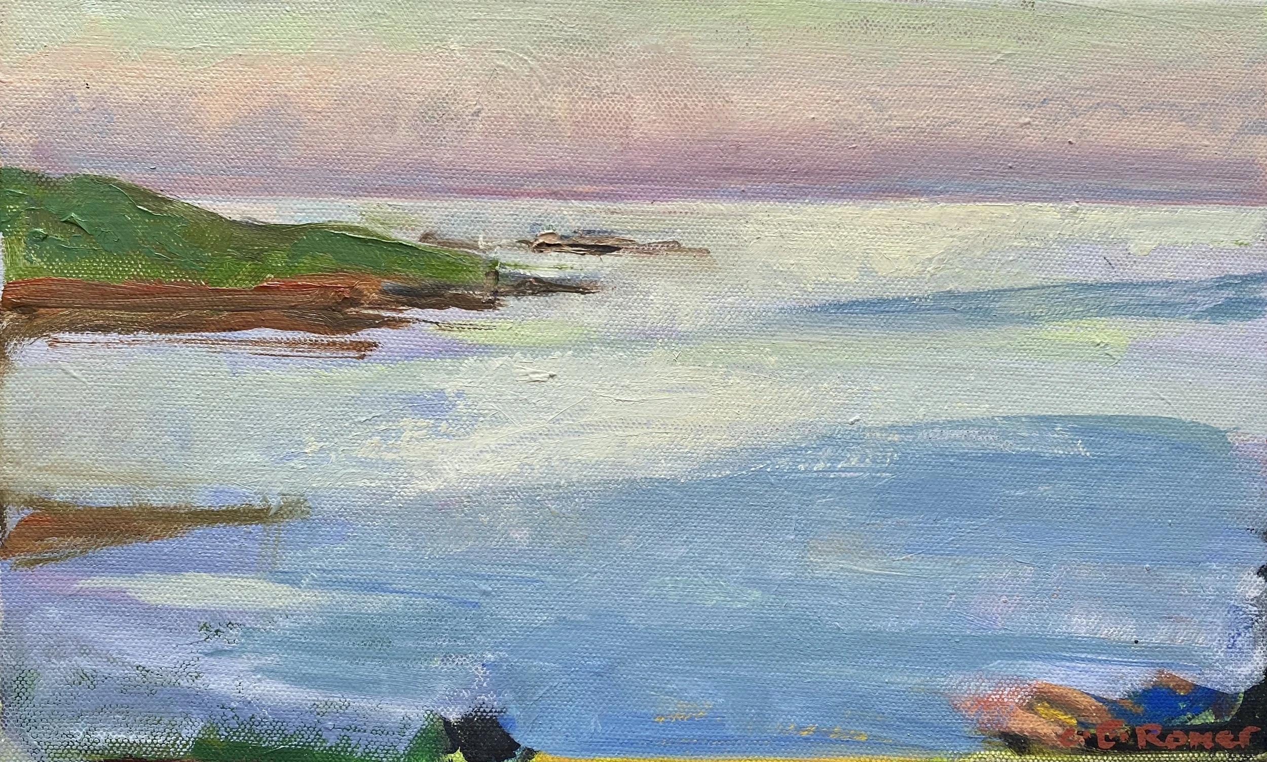 SUNSET, BOVISAND, SOUTH DEVON, oil on board, 20x32cm