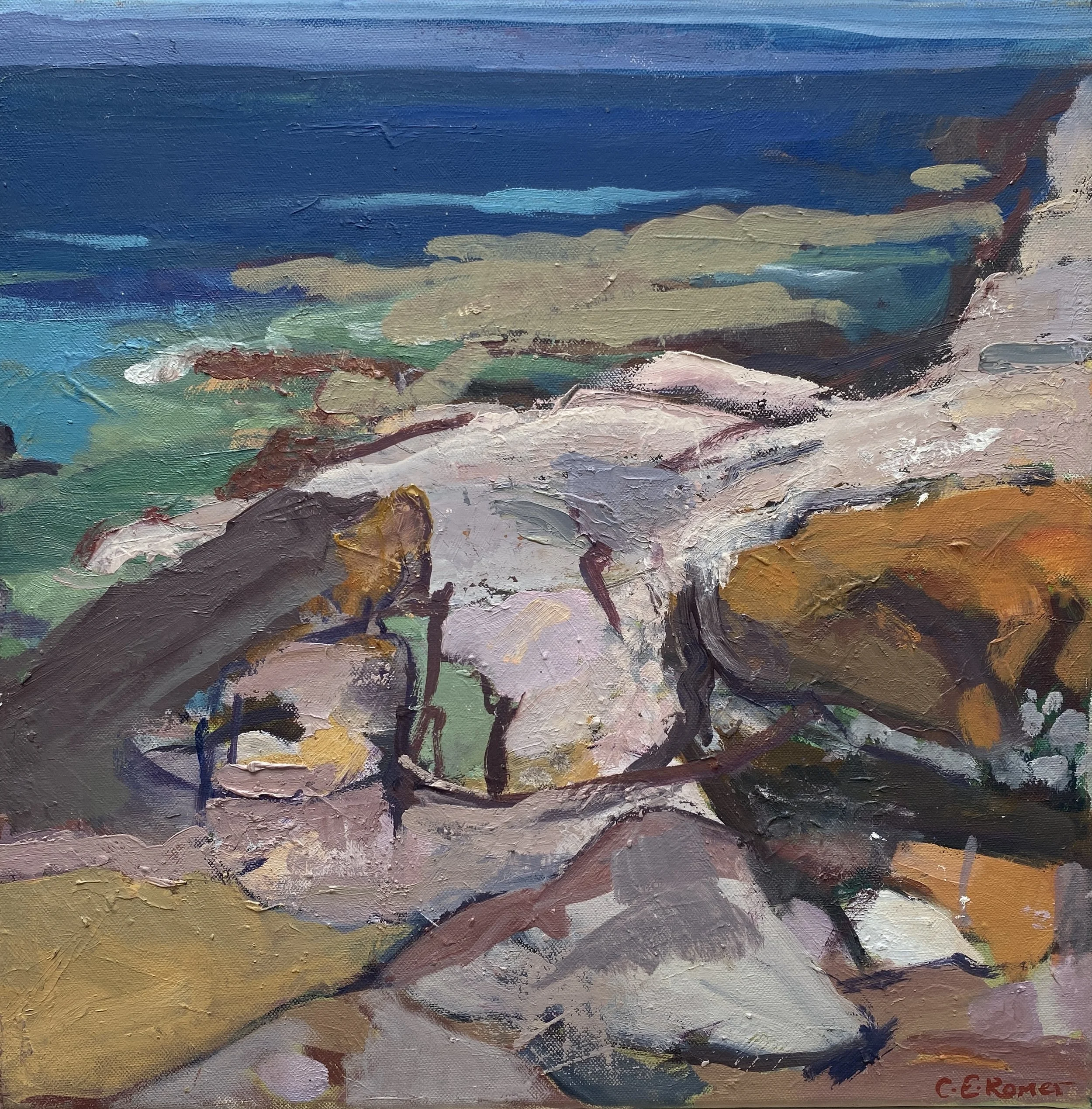 PINK ROCKS, DEEP BLUE SEA, SOUTH DEVON, oil on canvas, 40x40cm