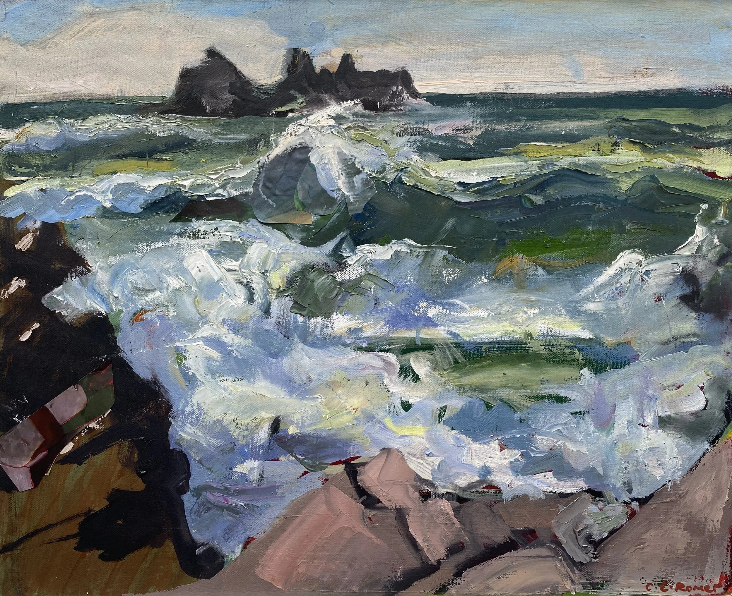 RENNIES ISLAND AND LARGE WAVE, S. DEVON, oil&collage on canvas, 46x56cm