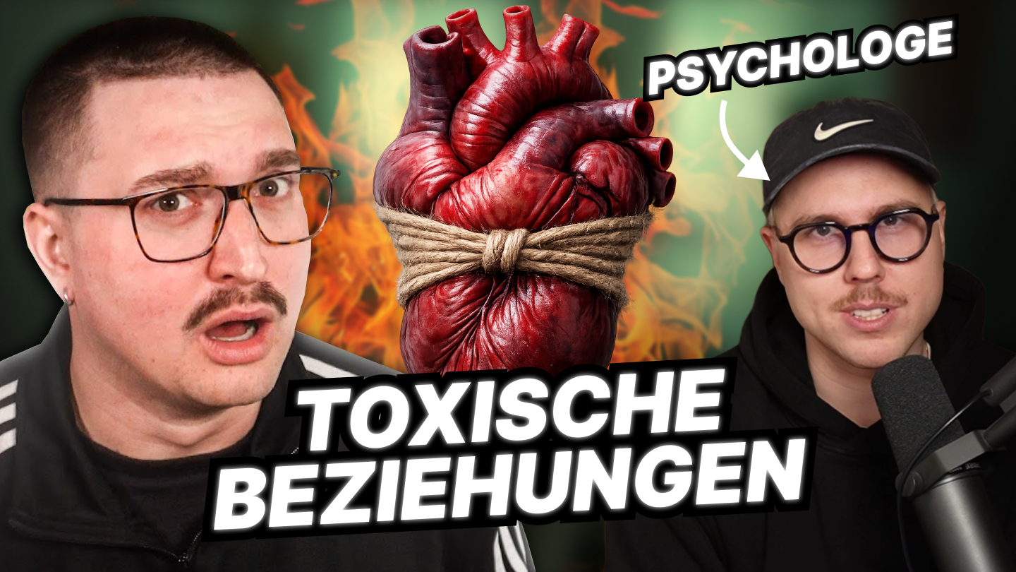 Thumbnail zur Mental Hell Folge zur Folge "Toxische Beziehungen". Links ist Vincent der verstört und nachdenklich in die Kamera schaut. Rechts ist Elias, der ernst und nachdenklich schaut. In der Mitte ist ein, durch Seilte enggeschnürtes, Herz.