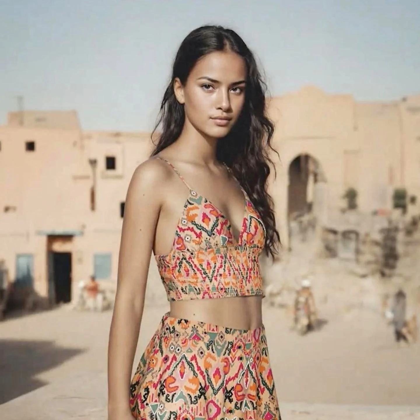 Ein KI-generiertes Bild einer Frau mit braunen Haaren und einem farblich passendem Sommeroutfir.