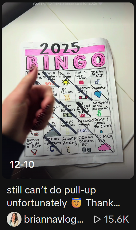 Screenshot von TikTok mit einem Bingo-Feld mit Vorsätzen für 2025, die schon zum Großteil abgehakt wurden