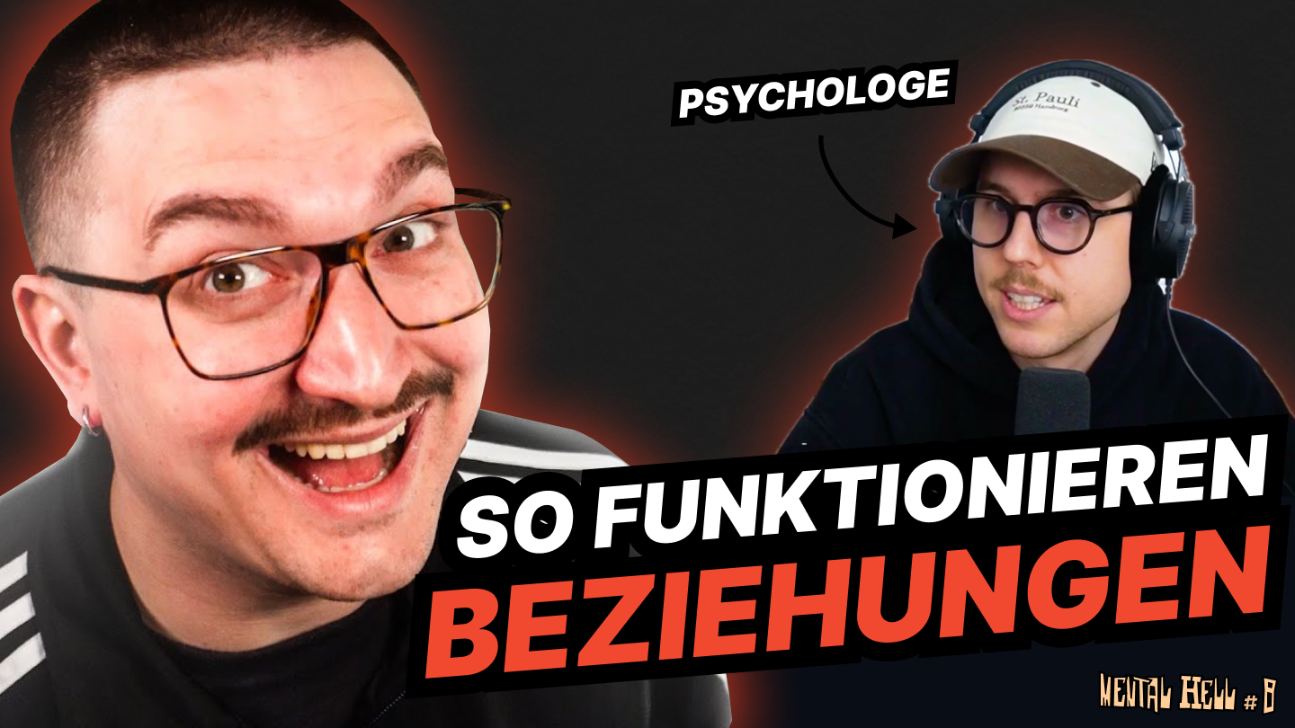 Thumbnail zur Mental Hell Folge zum Thema "So funktionieren Beziehungen". Links ist Vincent der stark in die Kamera lächelt. Rechts ist Elias der aufgeweckt spricht.