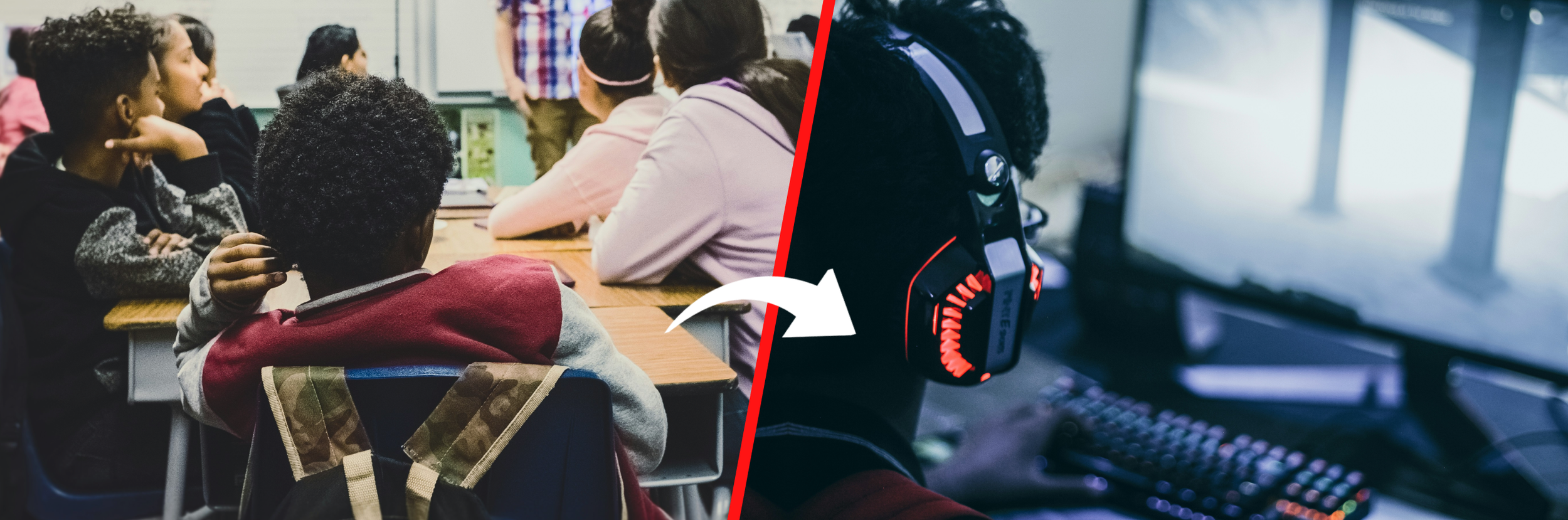 Ein Bild das aus zwei Bildern besteht. Links ein Junge, der mit dem Rücken zur Kamera in seiner Klasse sitzt. Rechts der selbe Junge, wie er,  mit Headset auf, vor seinem PC sitzt.