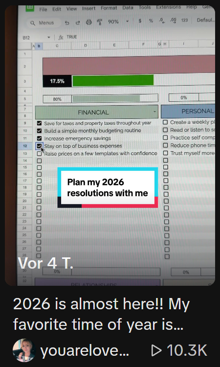 Screenshot von TikTok mit einem Google Sheets und dem Titel "Plan my 2026 resolutions with me"