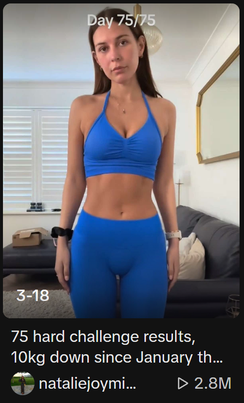 Screenshot von TikTok mit einer sportlichen Frau in einem blauen Sport-Set und der Schrift Day 75/75 über ihr