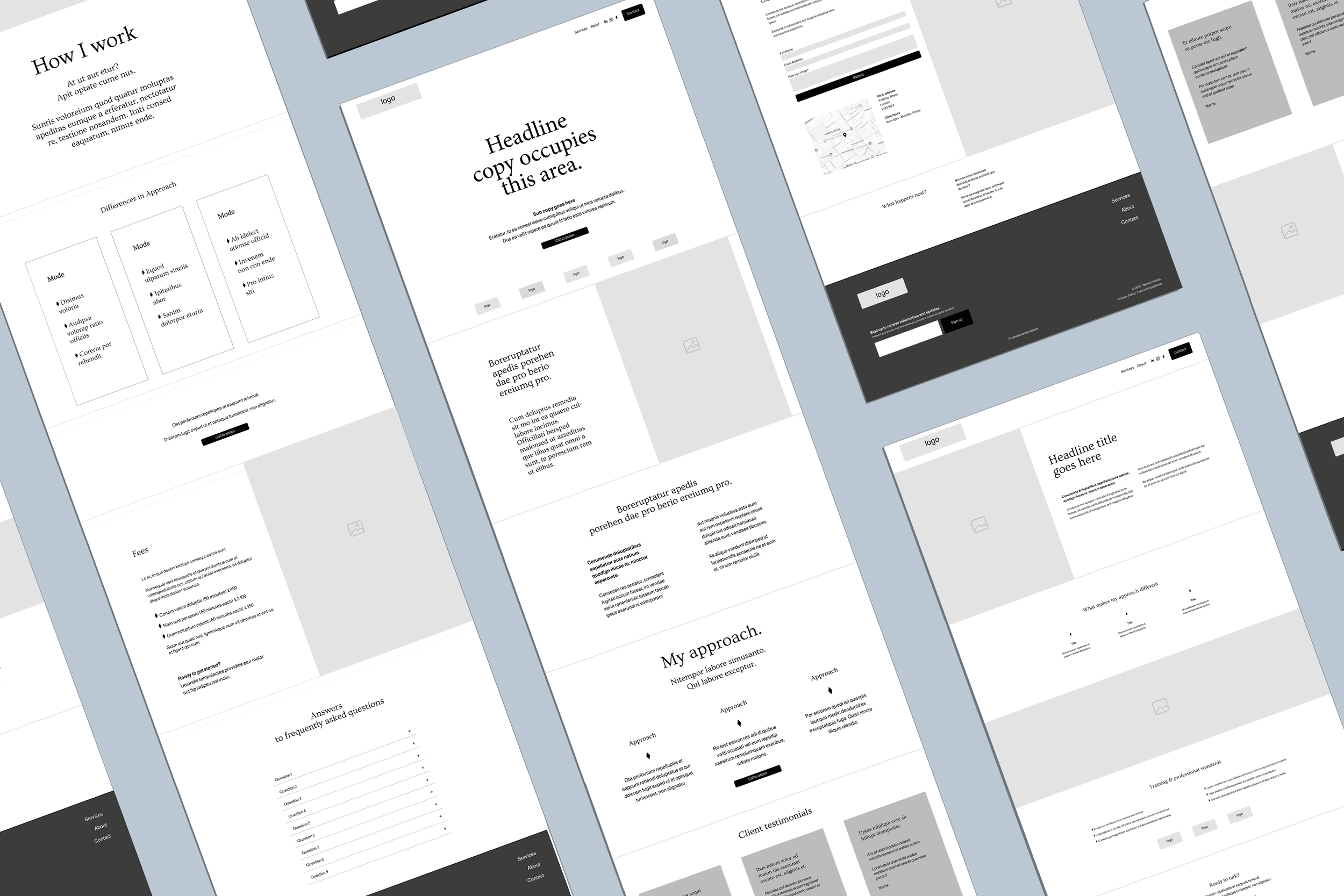 Squarespace template wireframes laid out in a grid on a blue backgroud