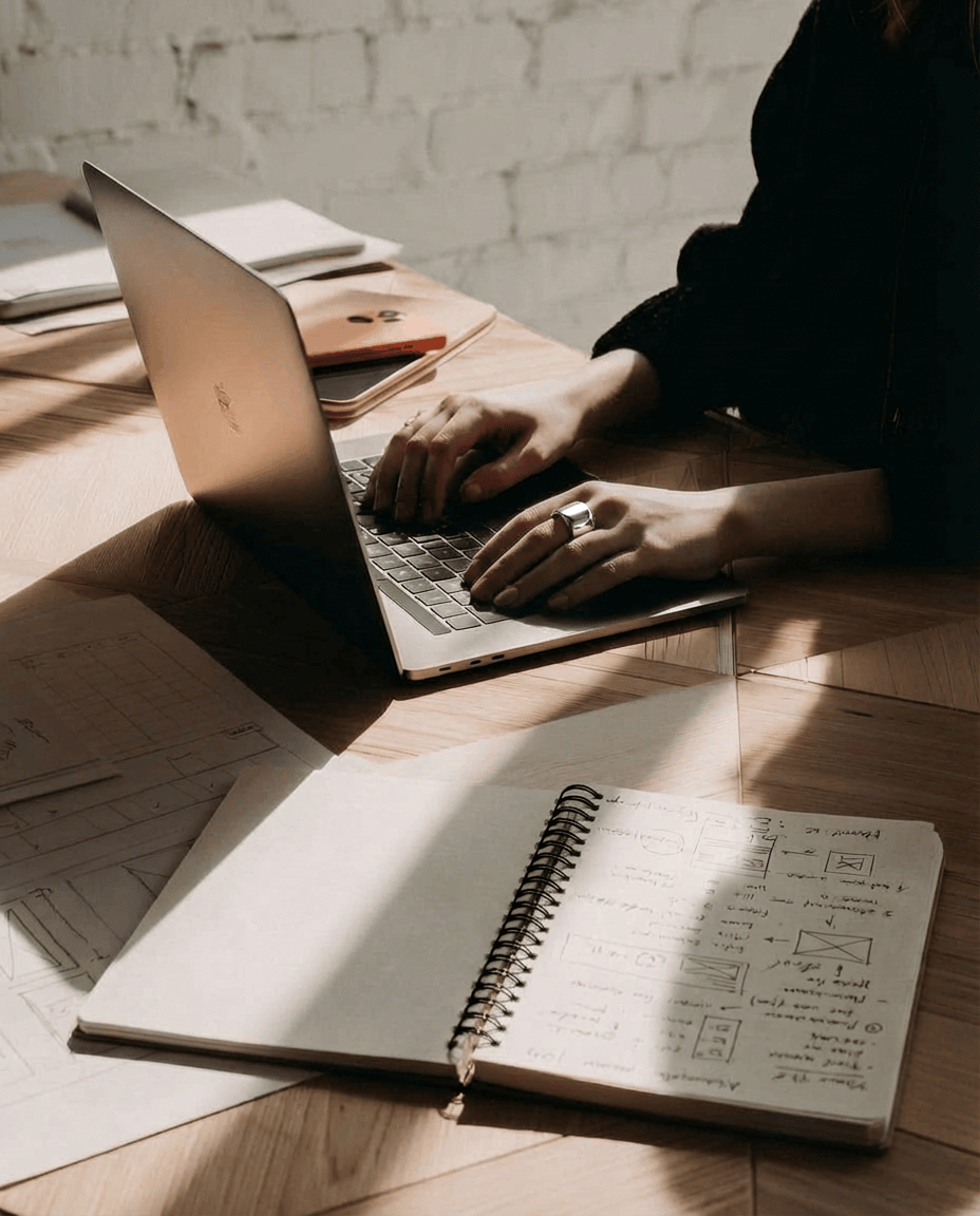 Developing website messaging and structure on laptop for a service business