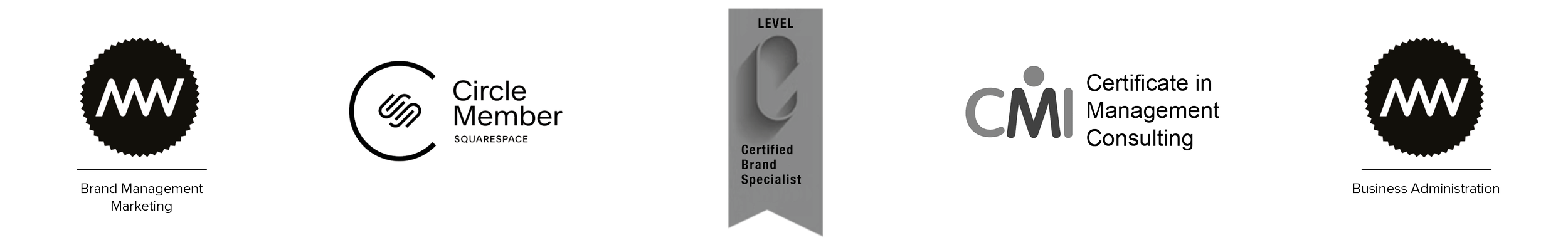 A horizontal banner showing four logos and texts. From left to right: first logo with initials "MW" in a black circle, below it the text "Brand Management Marketing," second logo with a black circle and overlapping lines, with "Circle Member SQUARESPACE" next to it, third vertical banner with "Certified Brand Specialist" and a gray ribbon, fourth logo with initials "CMI" and the text "Certificate in Management Consulting," and lastly another logo with initials "MW" and the text "Business Administration."