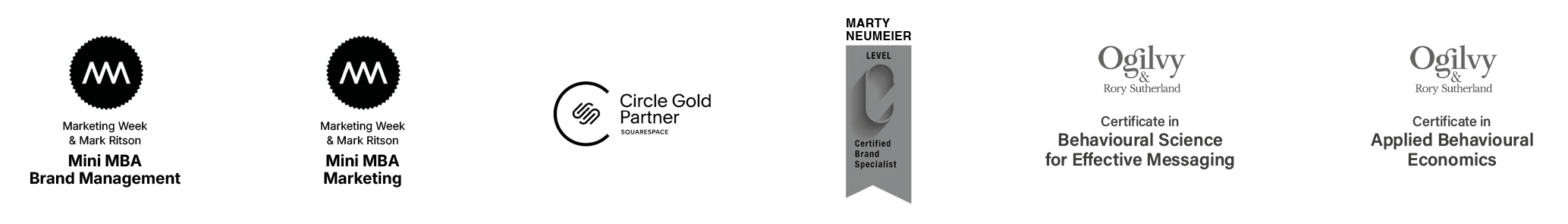 Professional certifications including Mini MBA, Squarespace Circle Gold Partner and behavioural science