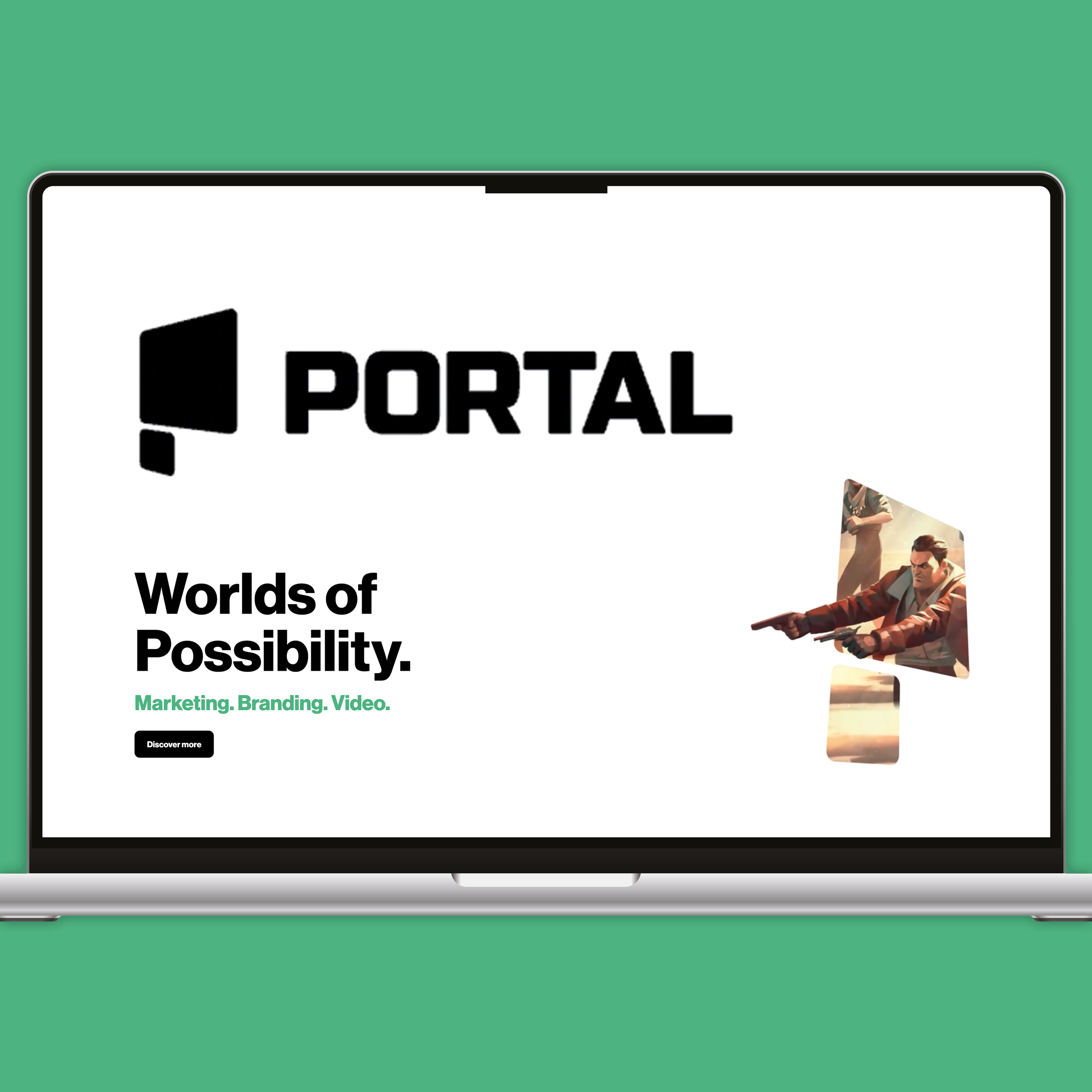 A laptop displaying the Portal website with the slogan "Worlds of Possibility" and a call to action button. The page features a stylized logo and an illustration of a man aiming a gun, with a background scene.