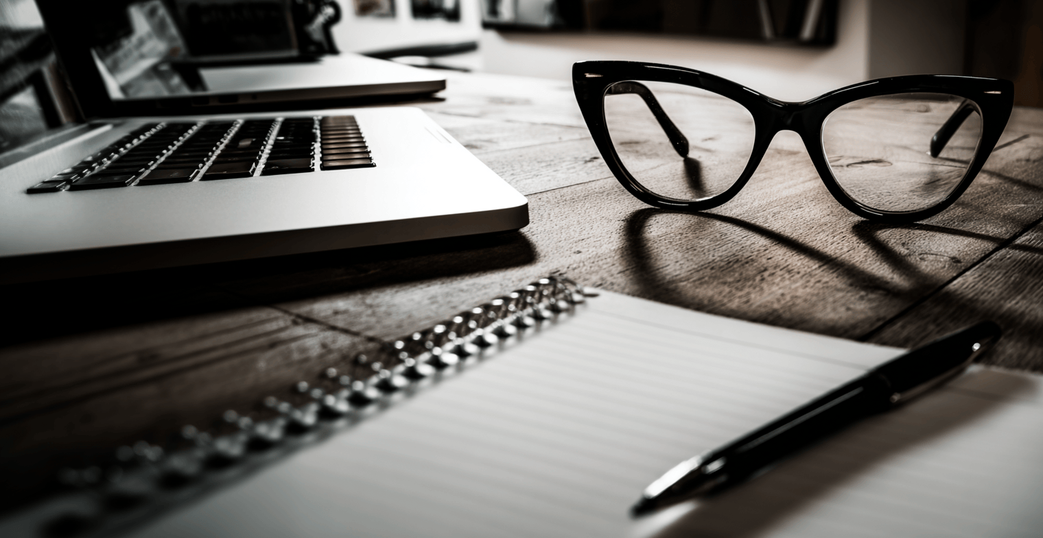 Close-up of a wooden desk with a laptop, a pair of black glasses, a pen, a notebook, and a chain bracelet, all in black and white.
