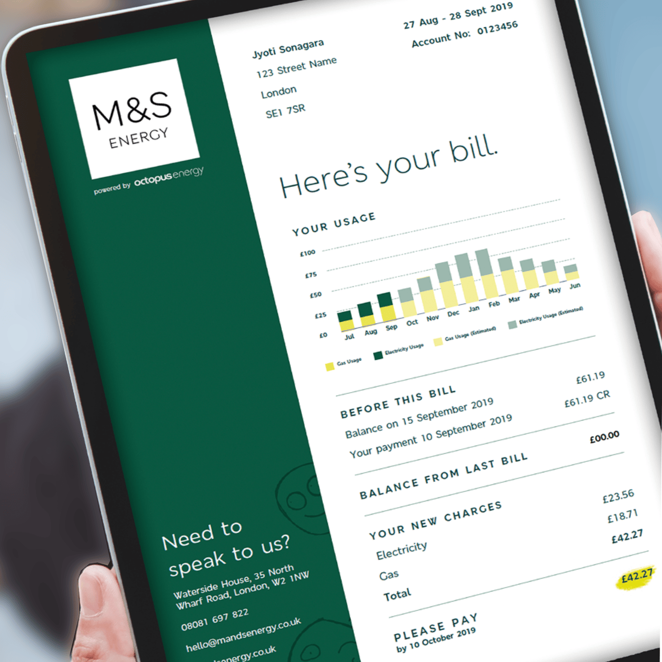 Electronics bill from M&S Energy for Jyoti Sonagara, showing energy usage data, charges, and total amount due of £42.27, with a chart displaying electricity and gas usage over several months.