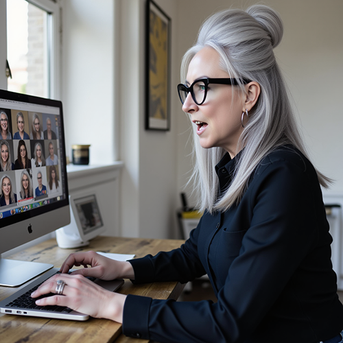 A woman with gray hair and glasses uses a laptop at a desk, viewing a computer screen filled with headshots.