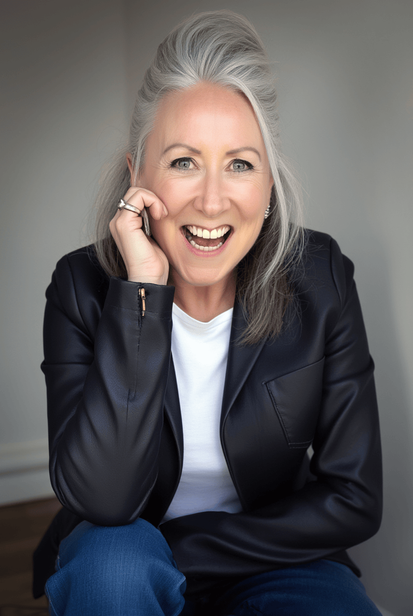 A smiling older woman with gray hair, wearing a black leather jacket and white shirt, sitting indoors against a neutral background.