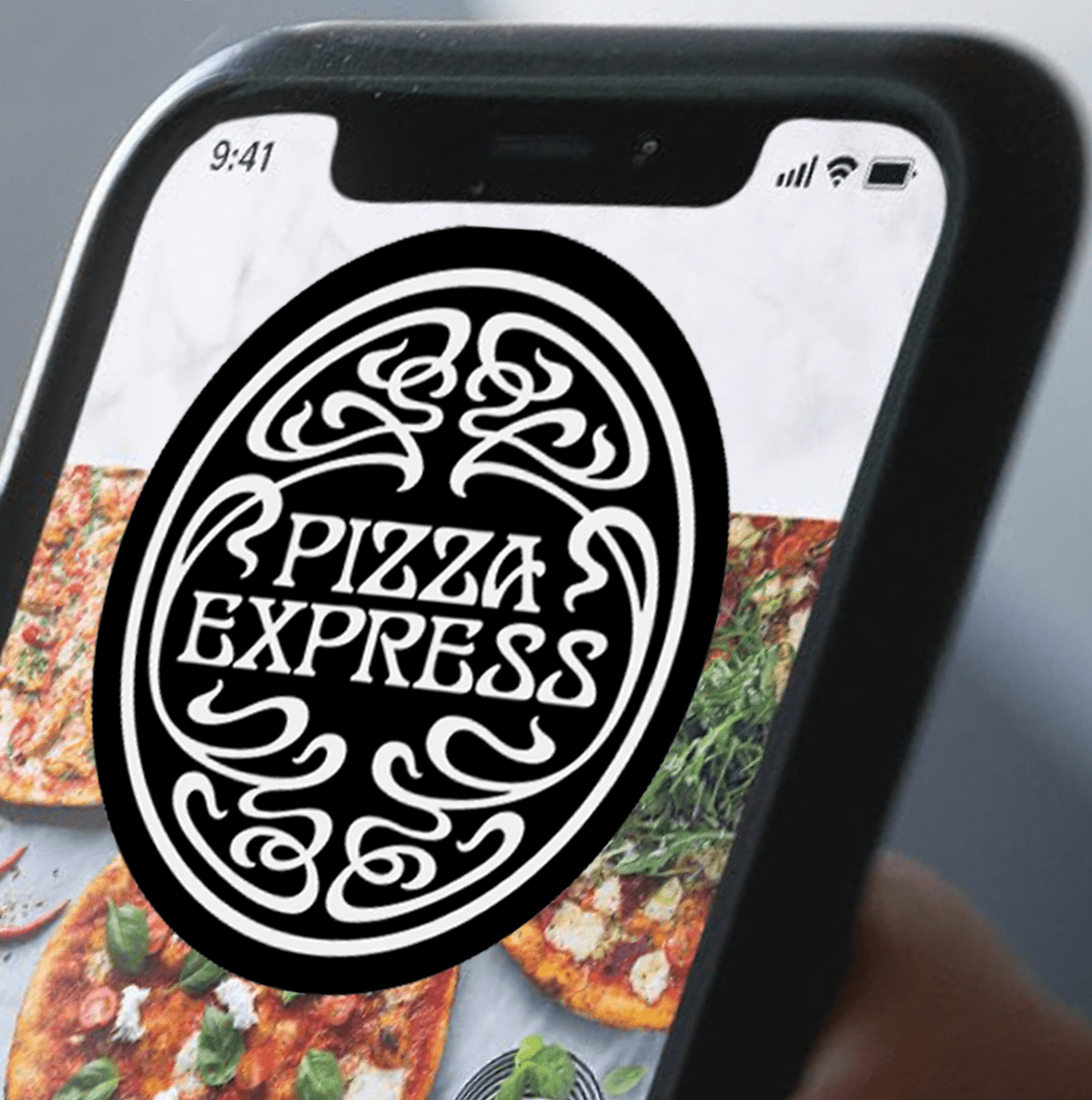 A smartphone screen displaying the Pizza Express logo, with slices of pizza in the background.
