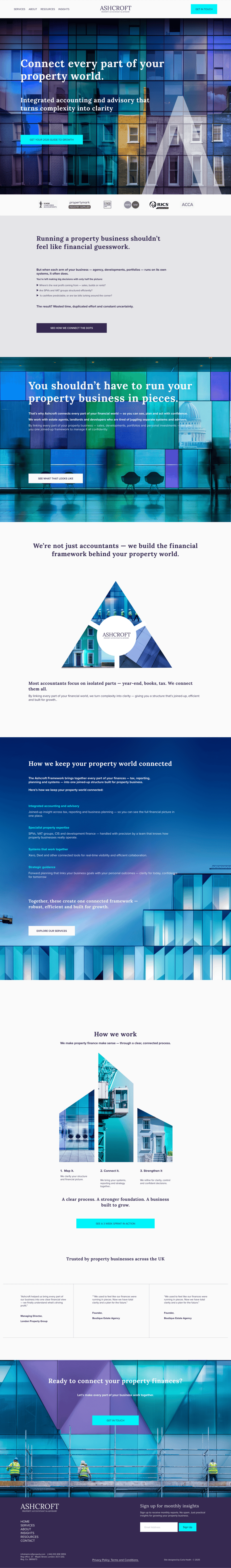 A website homepage for Ashcroft, a property accounting and advisory company, featuring a modern, abstract digital cityscape background with geometric patterns, and sections discussing property management and financial services, along with calls to action for connecting with property finances.