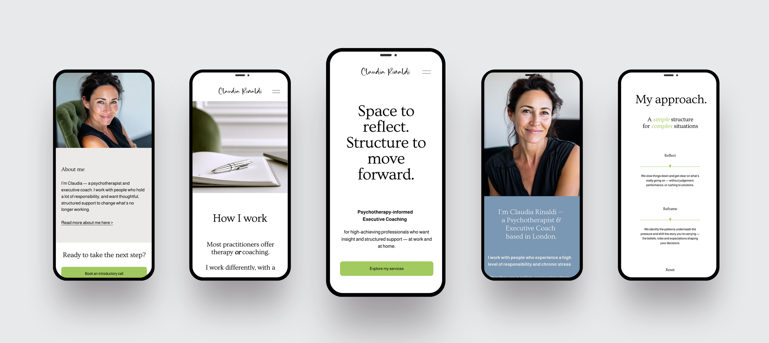 Series of five smartphone screens showing a professional woman's website for psychotherapy and executive coaching, with images of her smiling, texts about her services, and a reflection tool.