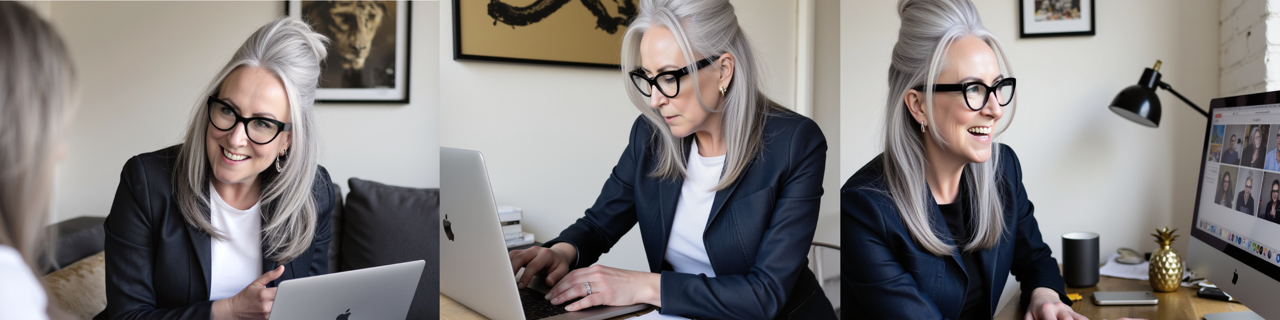 Brand strategist working on laptop, developing positioning and website messaging for service businesses