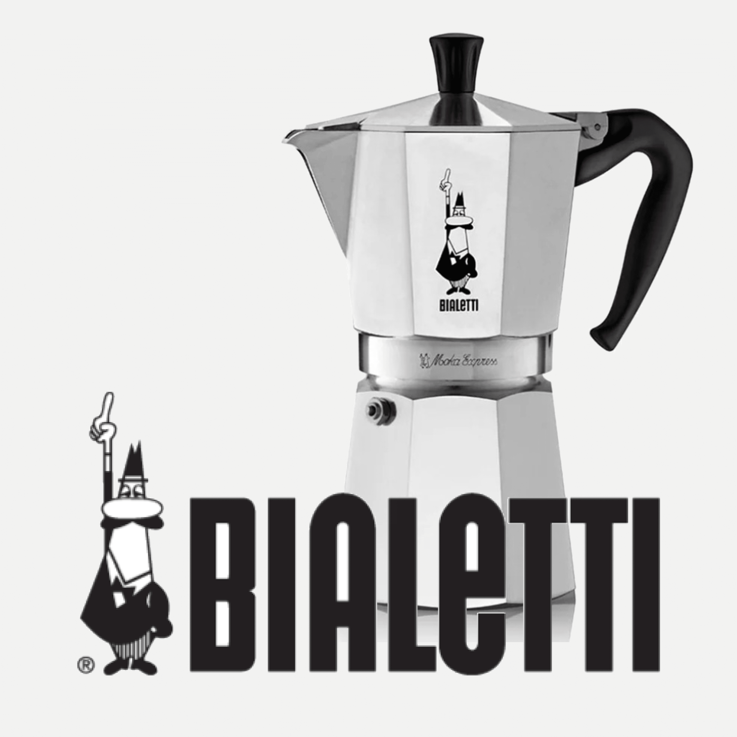 A Bialetti Moka Express espresso maker with a black handle and a black knob on the lid, featuring a cartoon character of a dog in a black suit and glasses, raising one finger. Below the espresso maker is the word "Bialetti" in bold black letters and the cartoon dog logo.