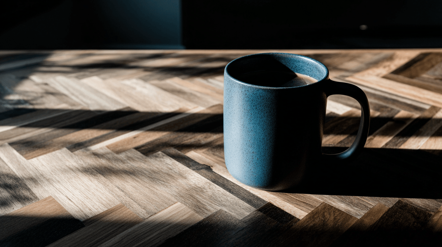 A blue ceramic mug filled with a beverage sitting on a wooden table with diagonal wood pattern, with sunlight casting shadows across the surface.