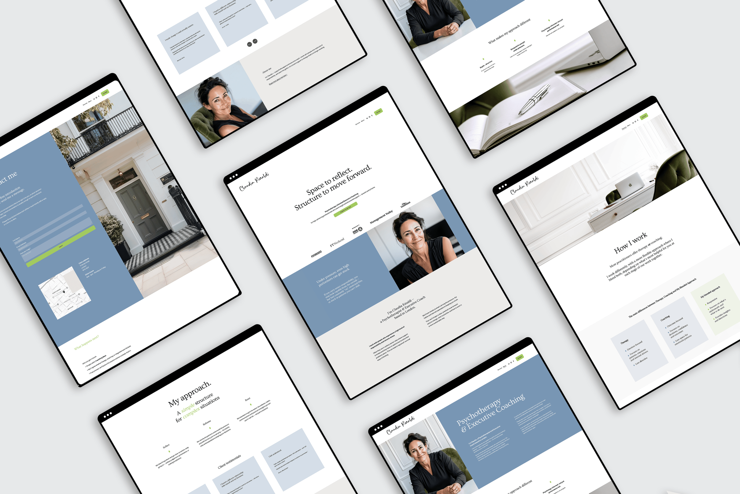 Multiple digital screens displaying a professional website for psychotherapy and coaching by Charlotte Rinaldi, featuring images of her, office interiors, and information about her approach and services.