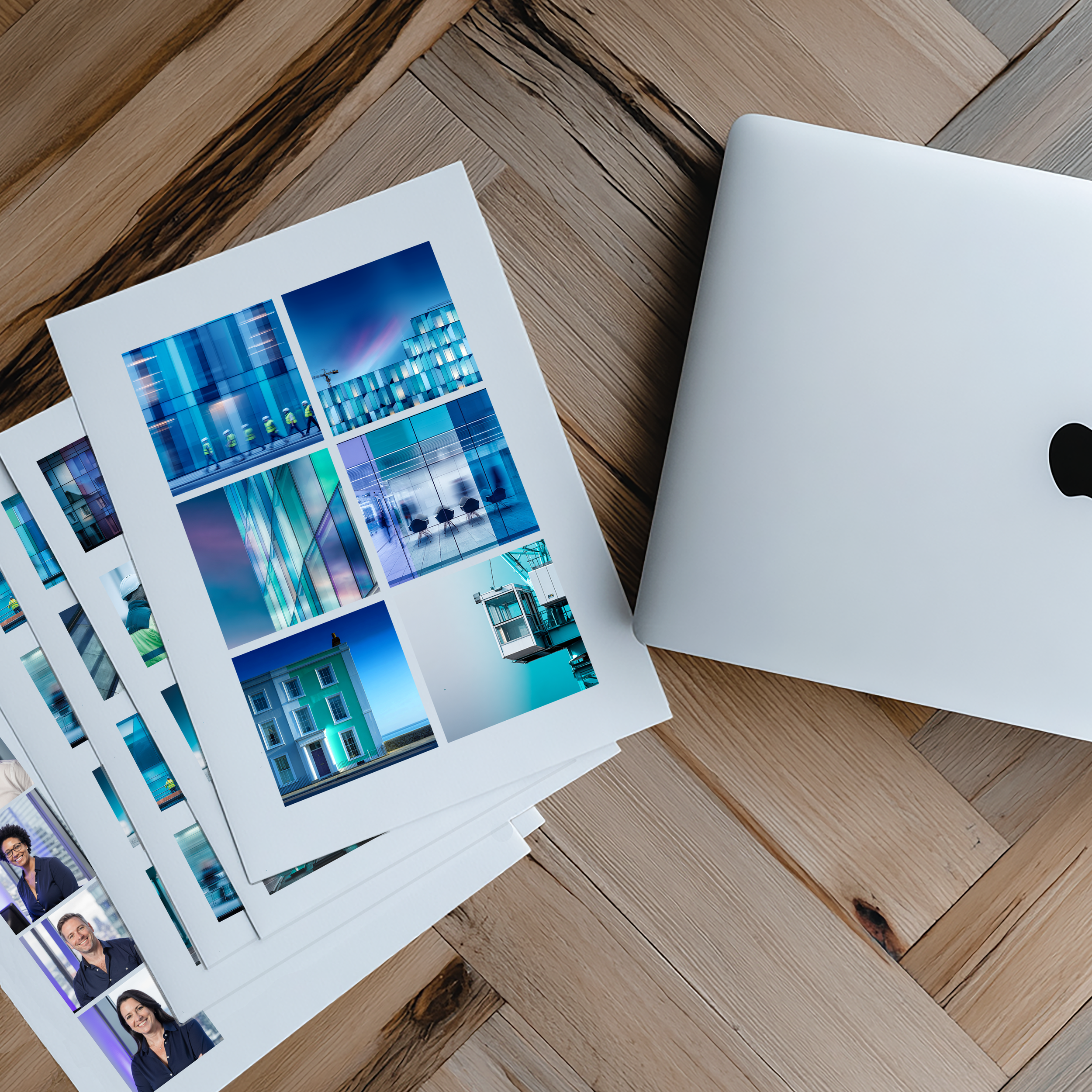 Photographs of modern buildings and architectural details on printed sheets of paper on a wooden surface, next to a closed silver laptop.