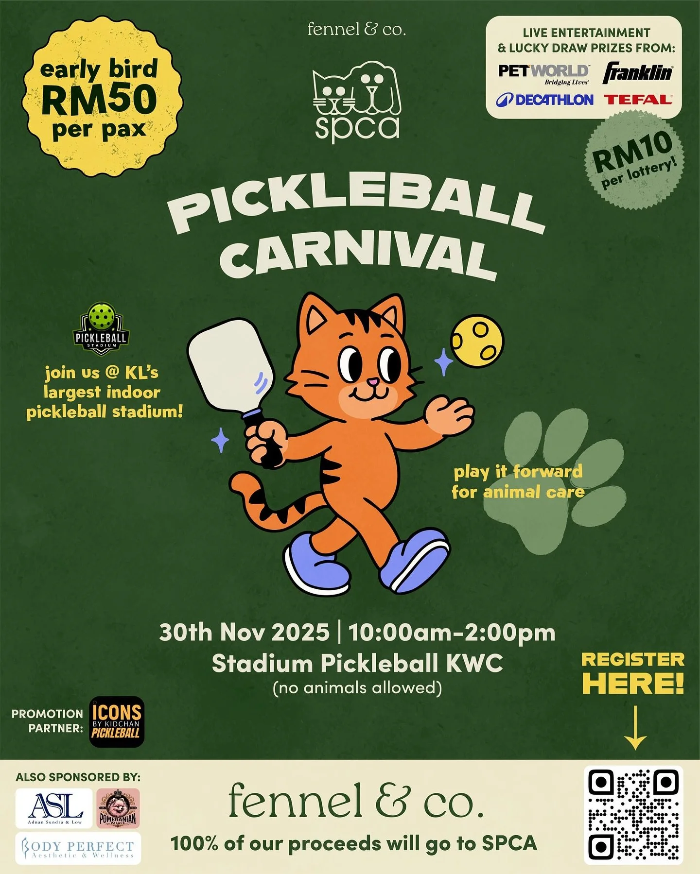 We&rsquo;re joining the @spca_selangor Pickleball Carnival to raise funds for animal rescue and care 🐱🎾 Drop by, grab a bite, and make your morning count ✨ Every bite helps make a difference!

📅 30 Nov | 10AM&ndash;2PM 📍 Stadium Pickleball KWC 🐾