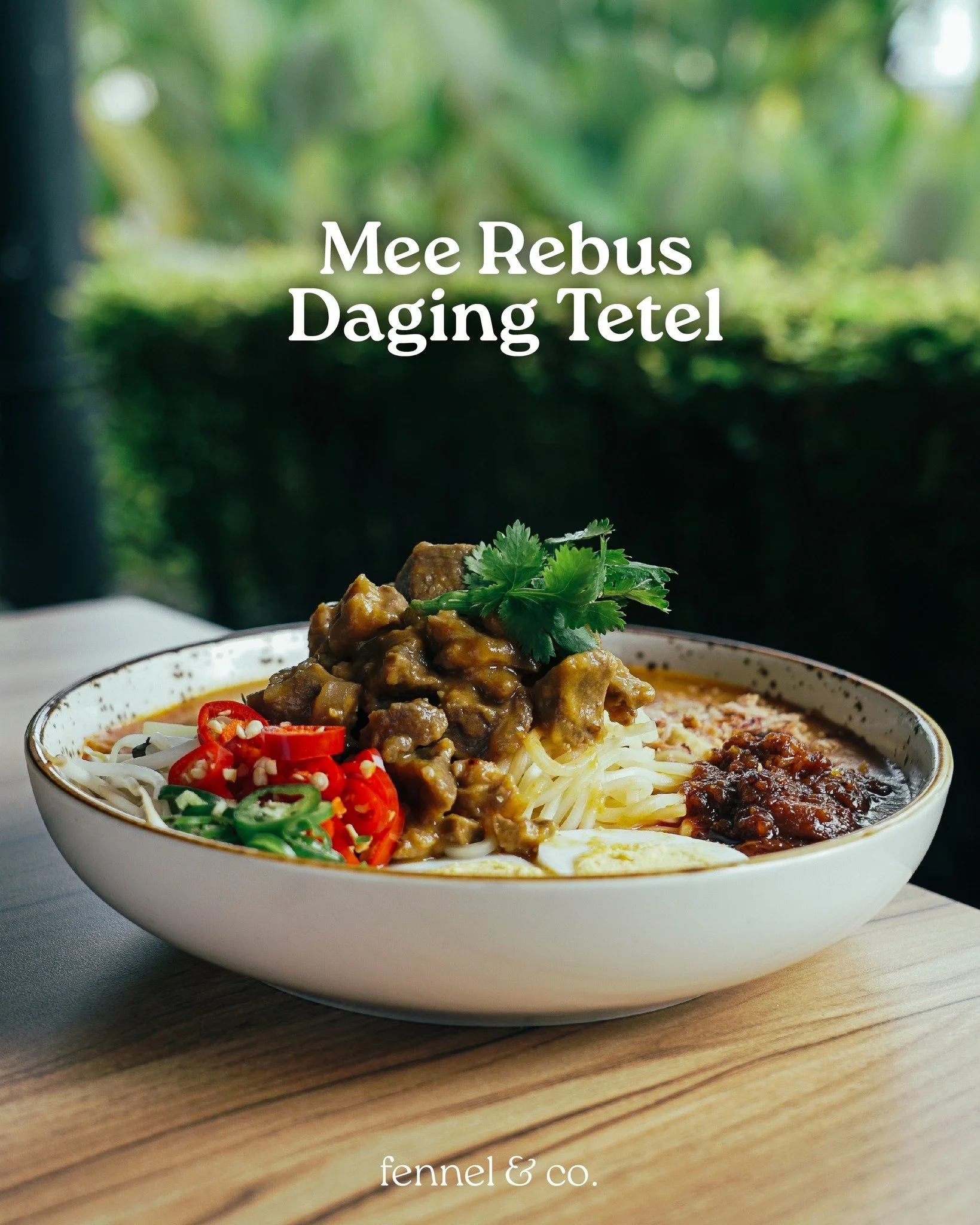 Also known as Mee Kuah and Mee Jawa, Fennel &amp; Co&rsquo;s Mee Rebus Daging Tetel is Springy yellow noodles, potato slices, Sambal sotong, boiled egg, fried tofu, bean sprouts, chilli, fried shallots and coriander, all coming together for our very 